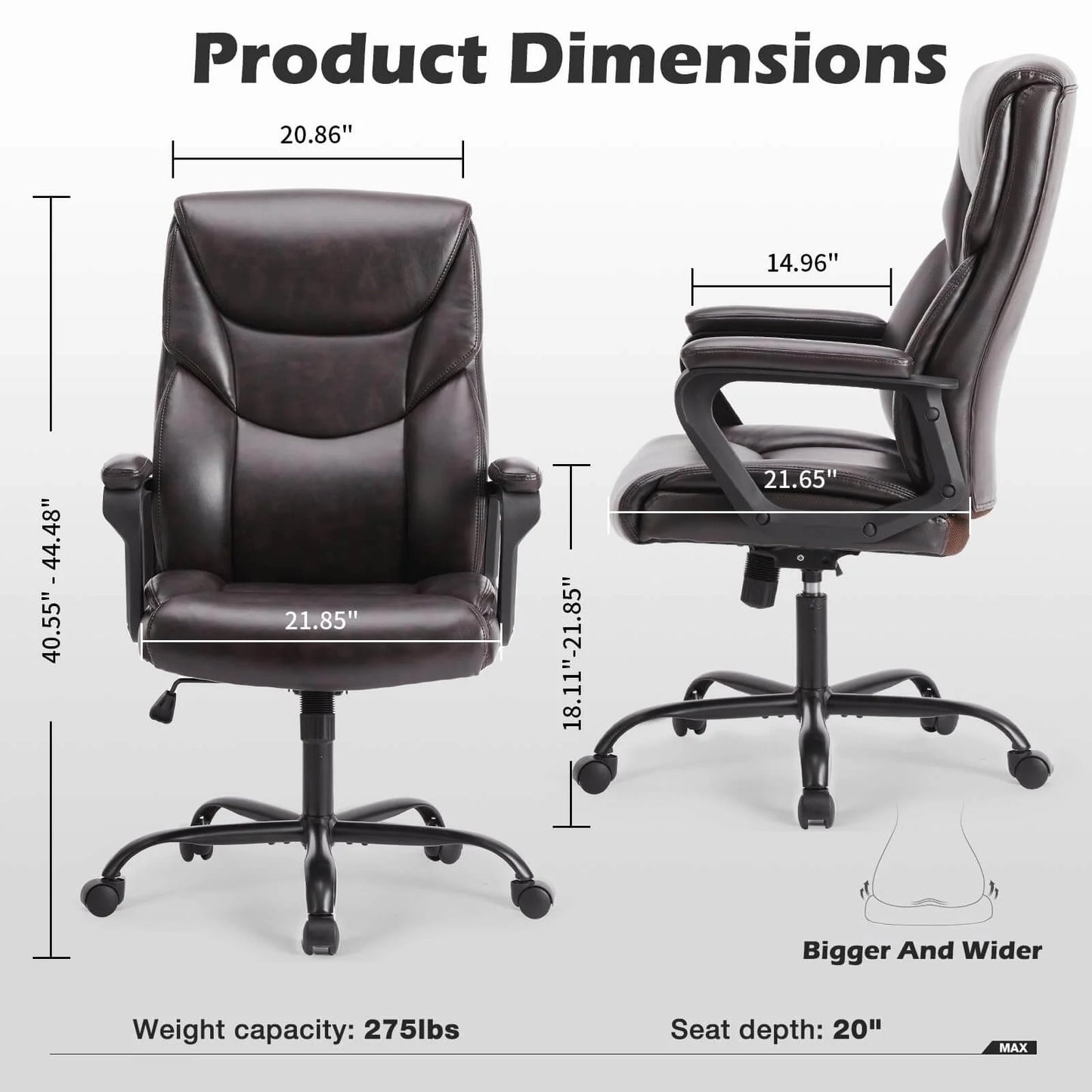 Big and Tall Office Chair Desk Chair 275lbs Wide Seat with Non-Adjustable Armrest and Lumbar Support PU Leather High Back Executive Task Ergonomic Computer Chair for Back Pain,Brown