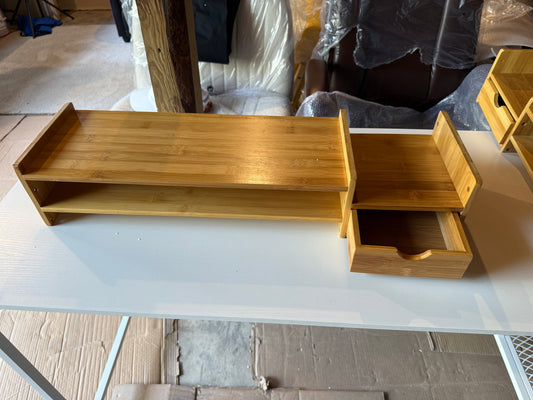 Monitor Stand Riser Desk Organizer-Bamboo 2 Tier Laptop Stand With Drawers