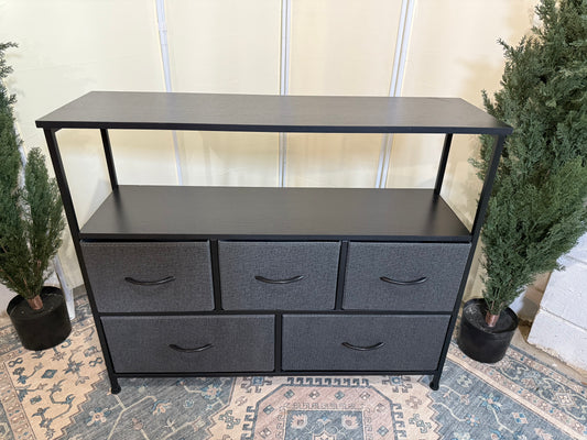 TV Stand Dresser for Bedroom with 5 Fabric Drawer,Entertainment Center for 45 inch Television, Media Console Table with Storage, Open Shelf, Adjustable Feet, Living Room Furniture, Blac