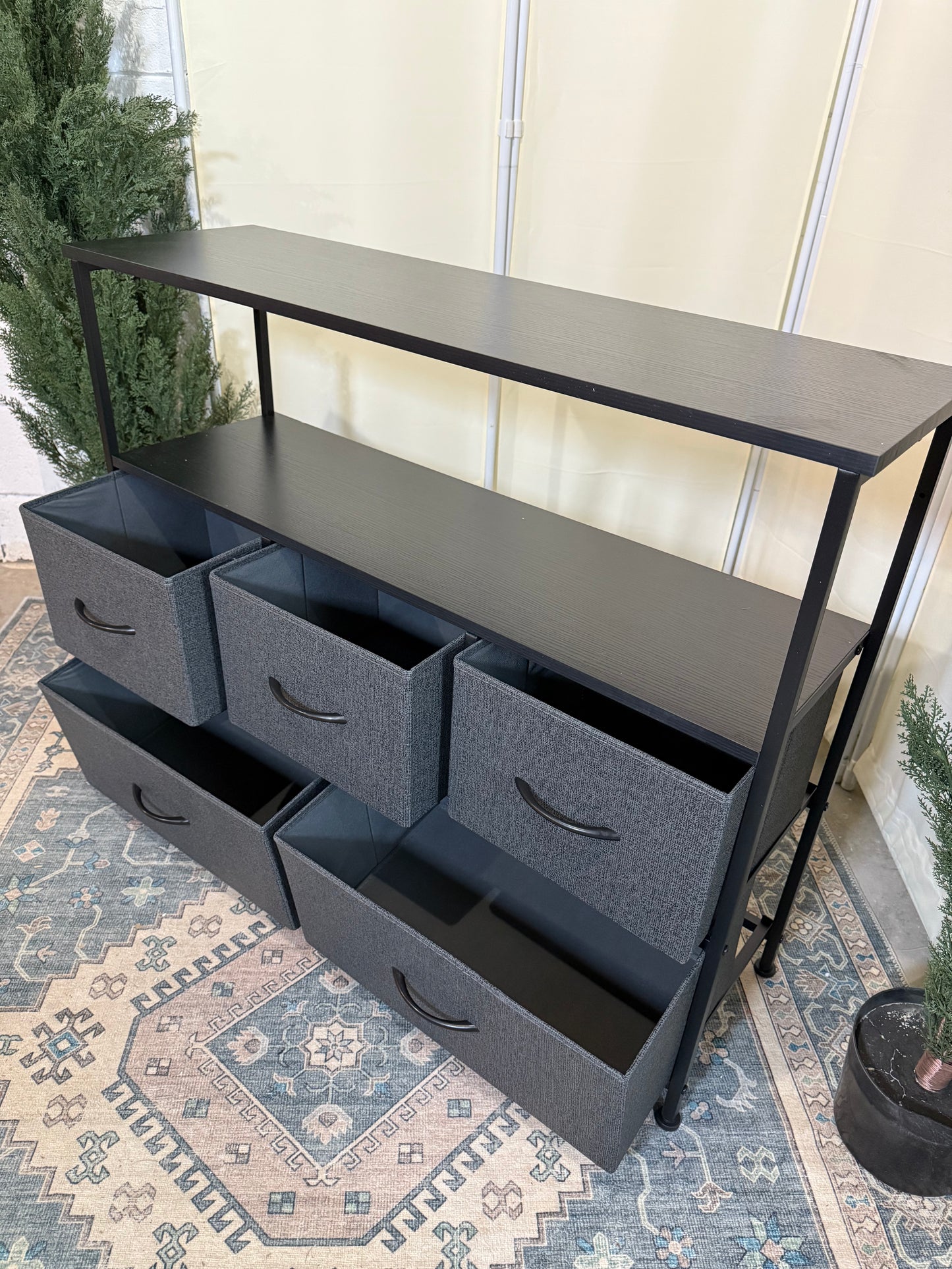TV Stand Dresser for Bedroom with 5 Fabric Drawer,Entertainment Center for 45 inch Television, Media Console Table with Storage, Open Shelf, Adjustable Feet, Living Room Furniture, Blac