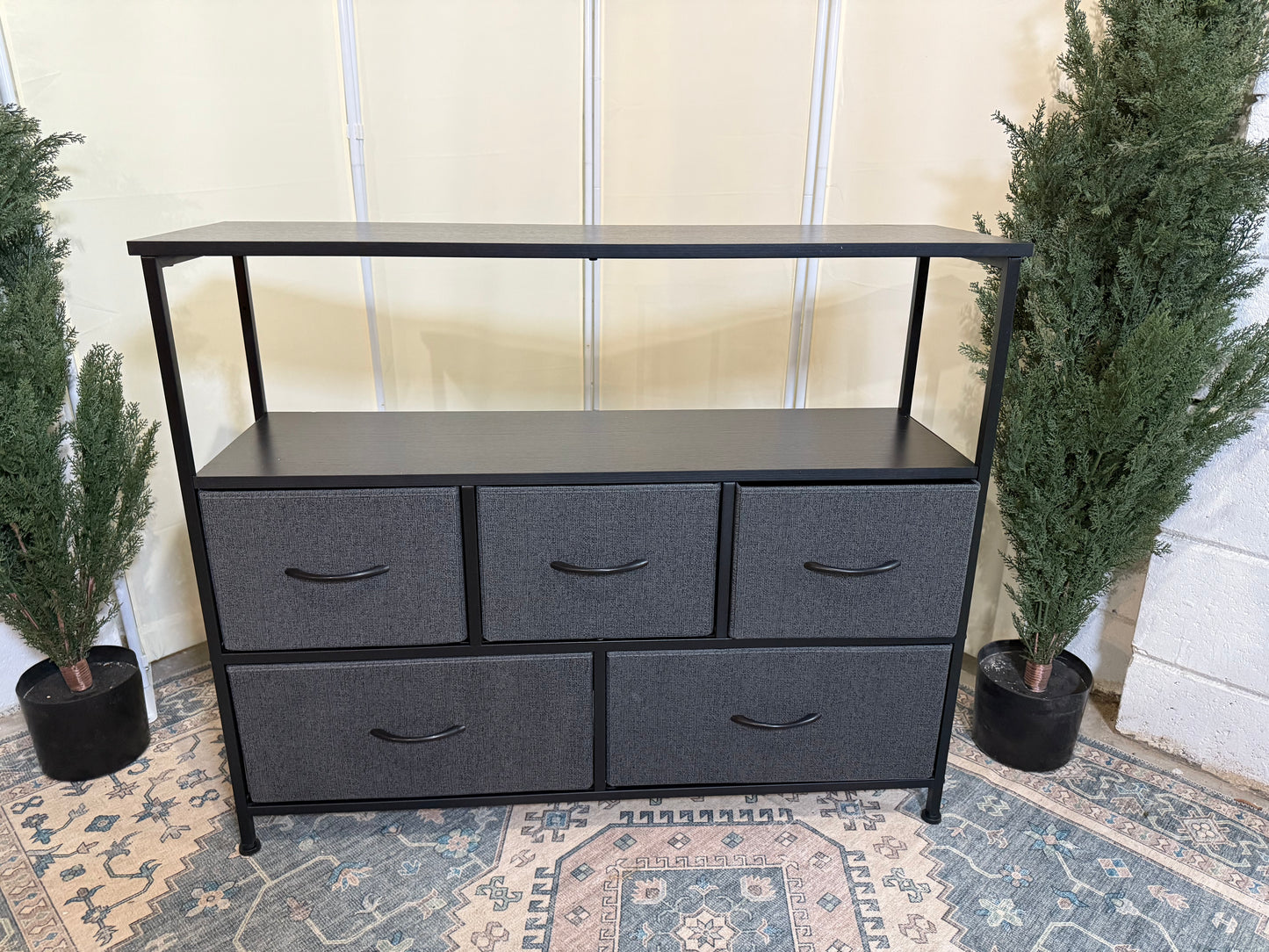 TV Stand Dresser for Bedroom with 5 Fabric Drawer,Entertainment Center for 45 inch Television, Media Console Table with Storage, Open Shelf, Adjustable Feet, Living Room Furniture, Blac