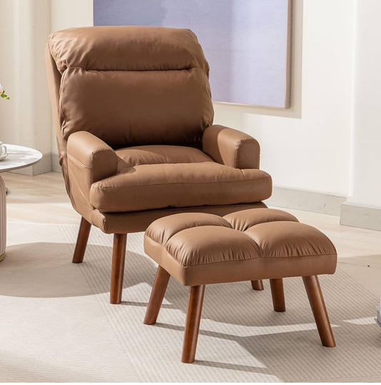 Accent Chairs with Ottoman, Velvet Fabric Armchair with Ottoman for Bedroom Living Room, Mid Century Modern Chair with Adjustable Backrest and Side Pockets, Camel