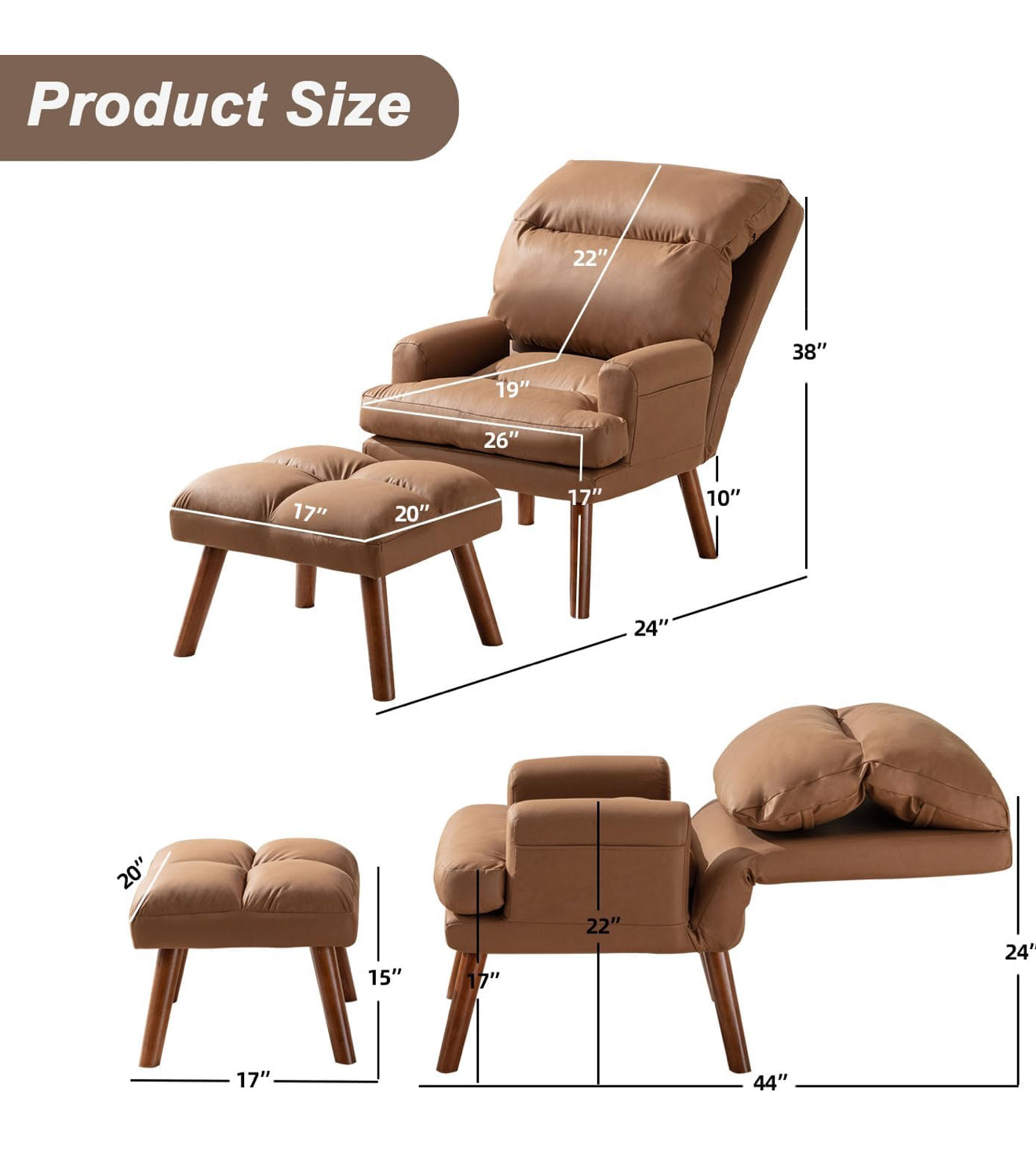 Accent Chairs with Ottoman, Velvet Fabric Armchair with Ottoman for Bedroom Living Room, Mid Century Modern Chair with Adjustable Backrest and Side Pockets, Camel