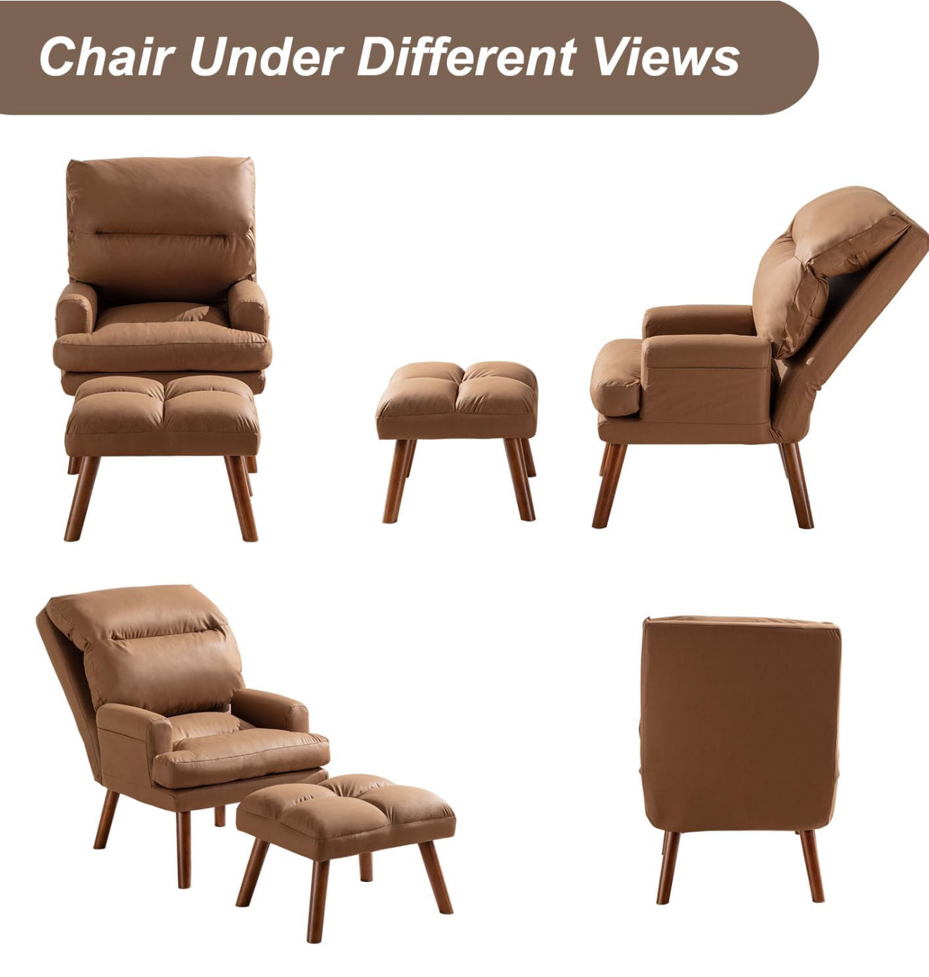 Accent Chairs with Ottoman, Velvet Fabric Armchair with Ottoman for Bedroom Living Room, Mid Century Modern Chair with Adjustable Backrest and Side Pockets, Camel