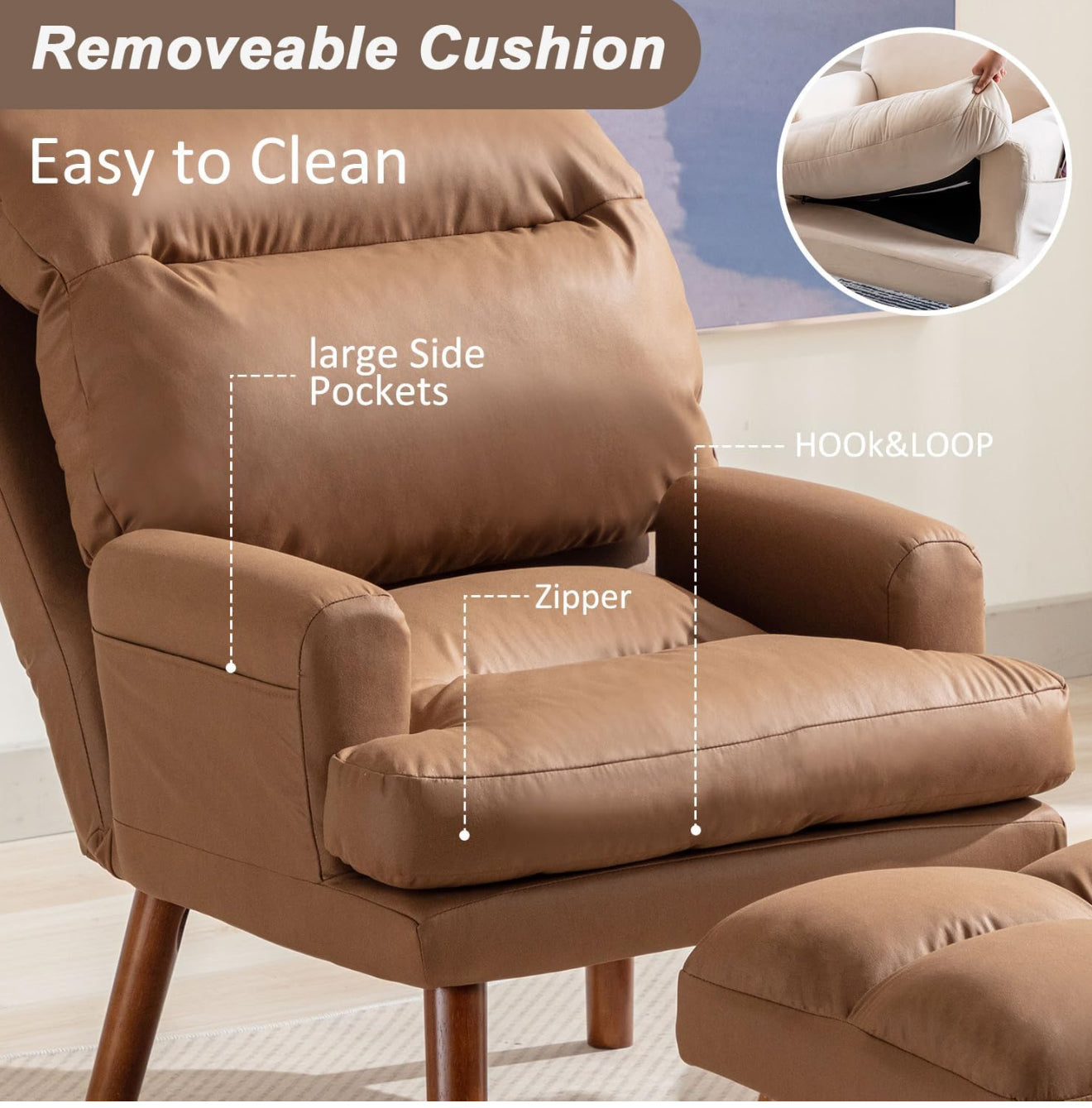 Accent Chairs with Ottoman, Velvet Fabric Armchair with Ottoman for Bedroom Living Room, Mid Century Modern Chair with Adjustable Backrest and Side Pockets, Camel