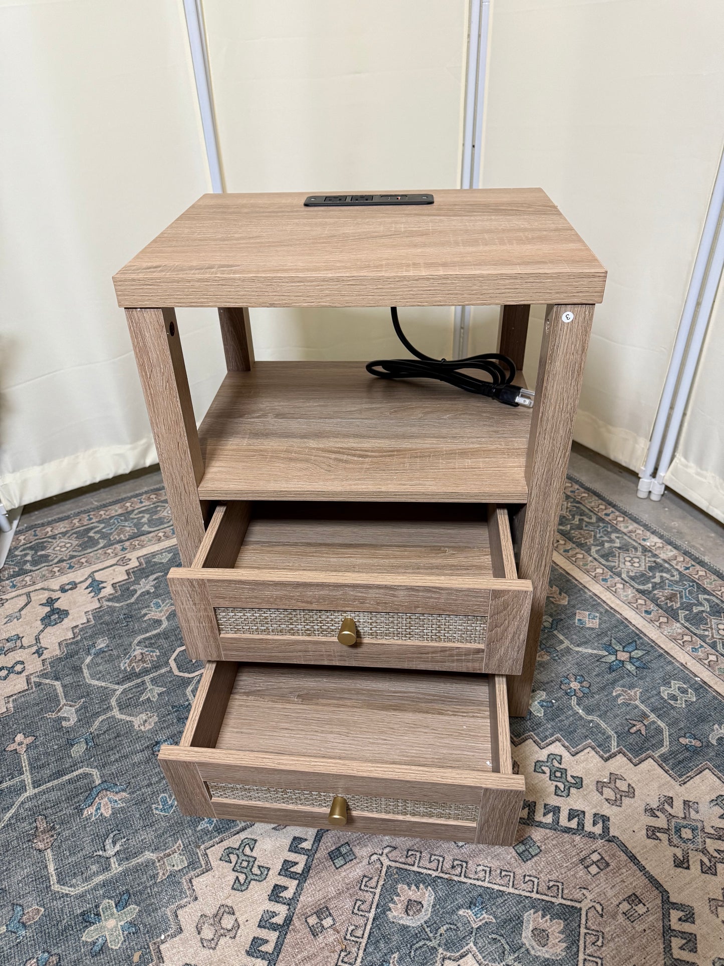 Rattan Nightstand,Boho Bedside Tables with Charging Station and Open Storage Shelf,Side Table End Tables for Bedroom Living Room