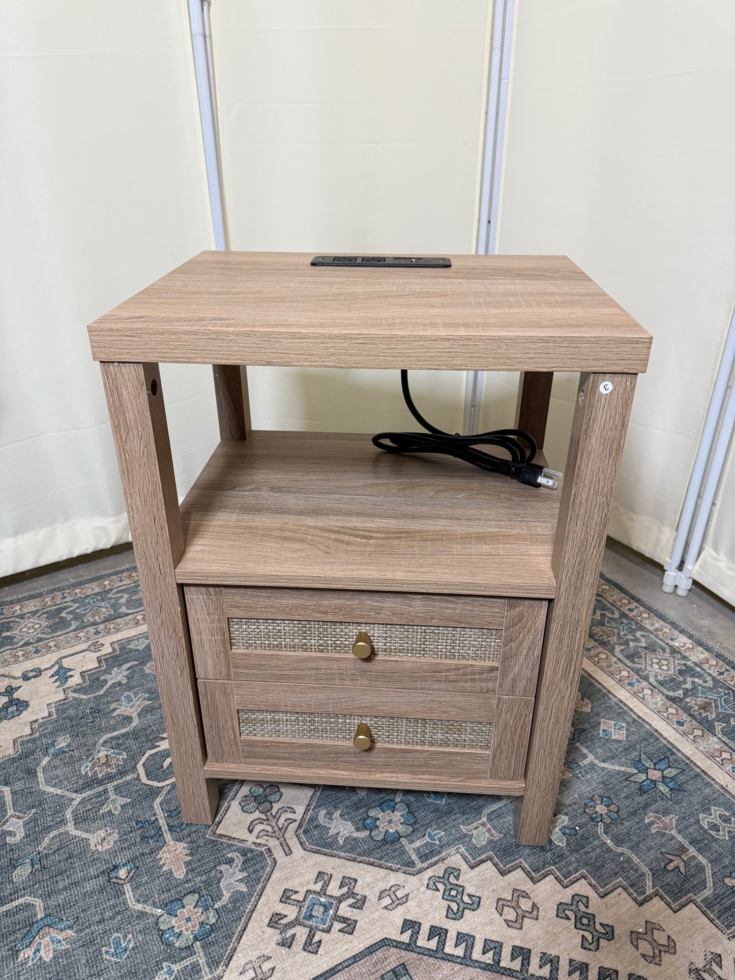 Rattan Nightstand,Boho Bedside Tables with Charging Station and Open Storage Shelf,Side Table End Tables for Bedroom Living Room