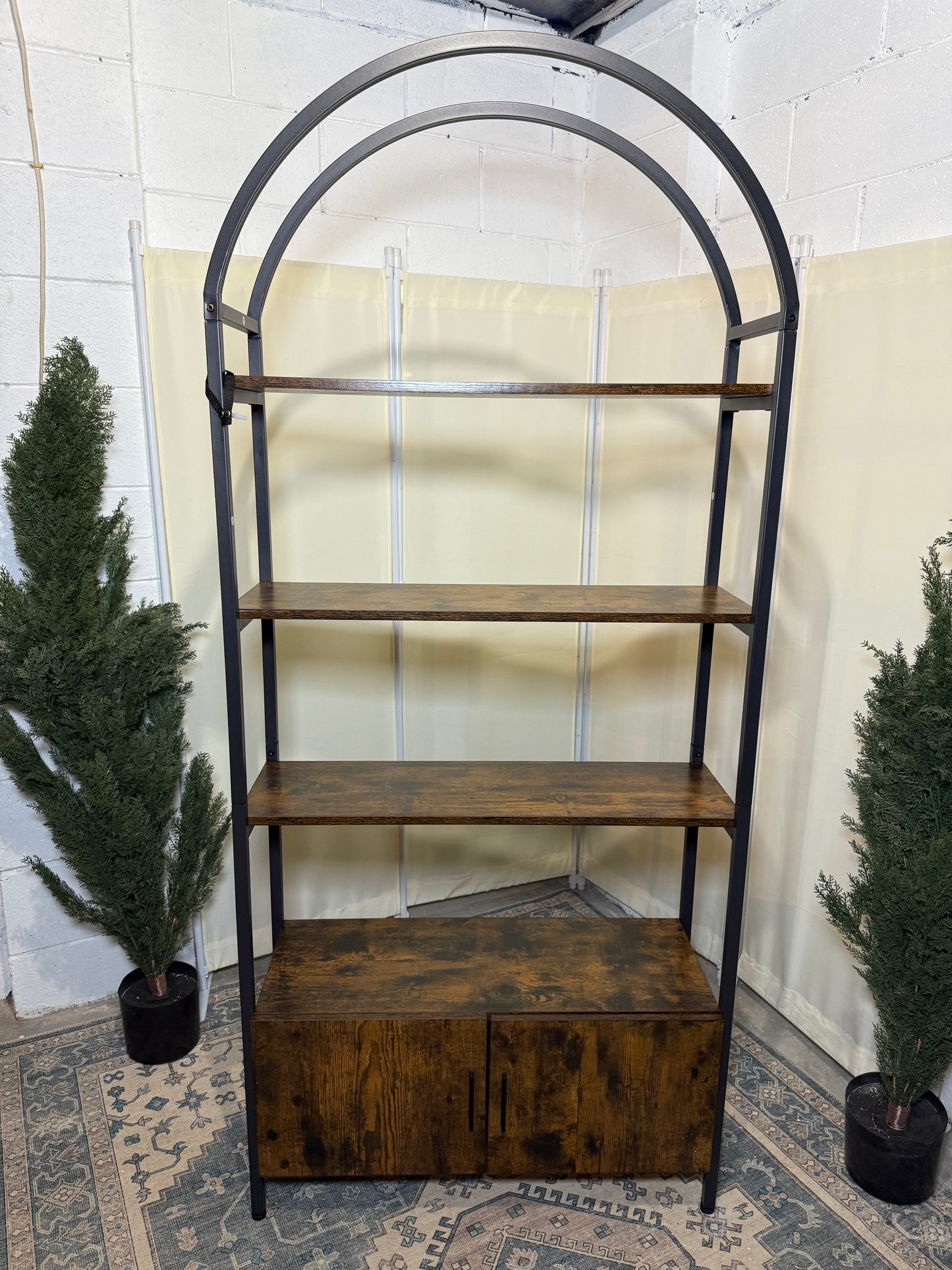 Arched Bookshelf with Doors, 71" Tall Industrial Bookcase with Sturdy Metal Frame, Vintage Display Shelving Unit, Rustic Geometric Book Shelf for Lving Room, Bedroom, Home Office