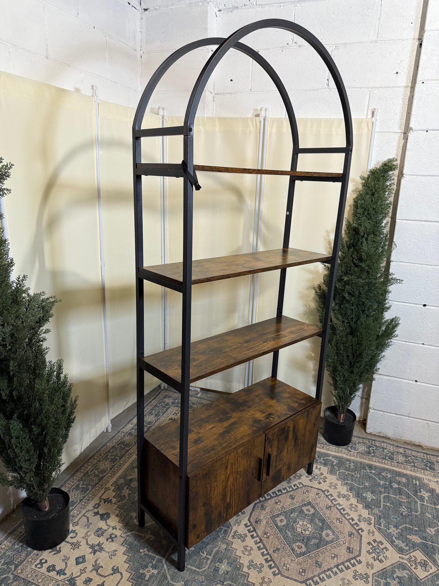 Arched Bookshelf with Doors, 71" Tall Industrial Bookcase with Sturdy Metal Frame, Vintage Display Shelving Unit, Rustic Geometric Book Shelf for Lving Room, Bedroom, Home Office