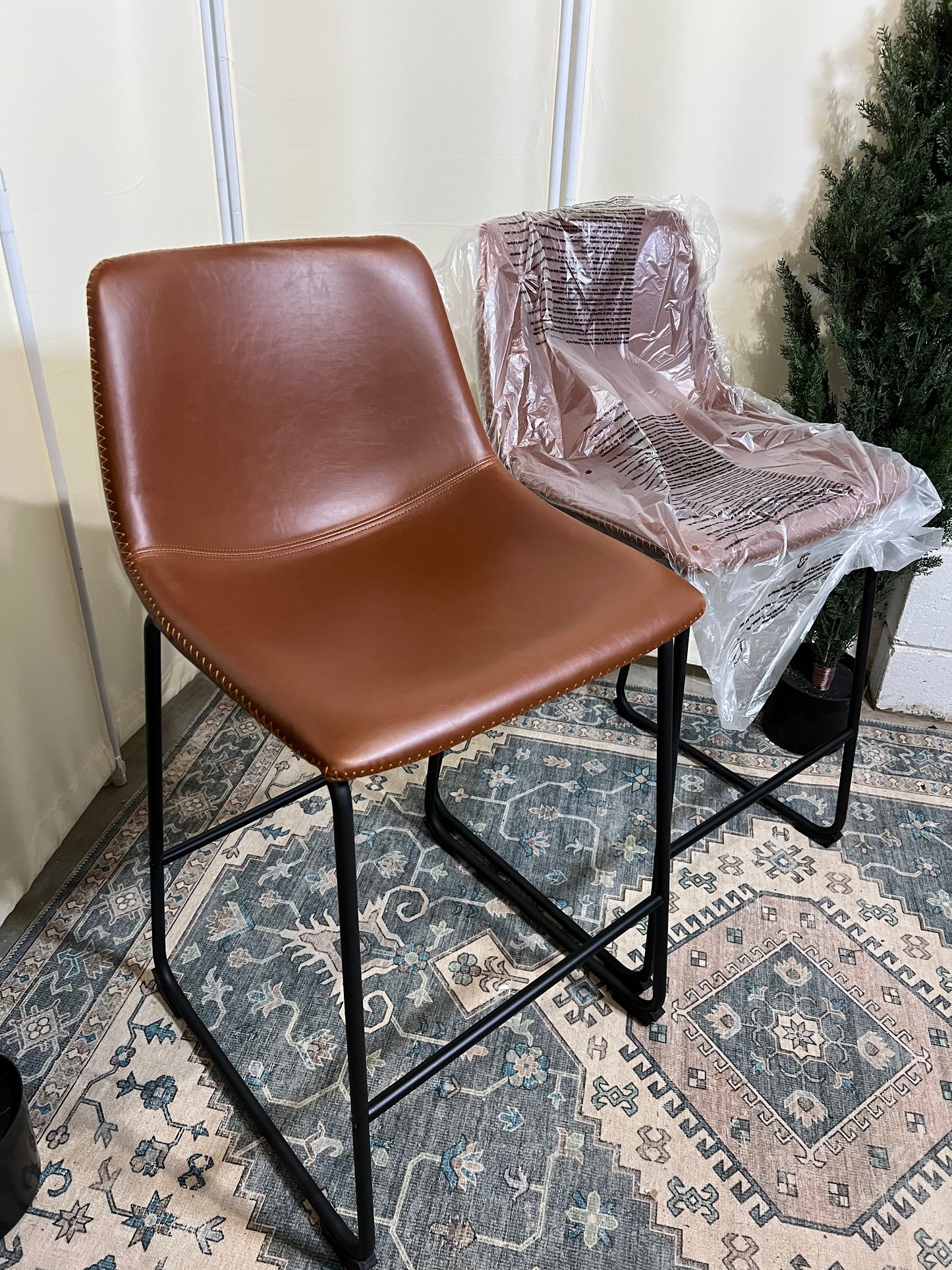 Counter Height Bar Stools Set of 2, Modern Counter Stool Faux Leather Barstools with Back, 26 inch Seat Height Island Stools Countertop Comfortable Brown Bar Chairs with Metal Legs