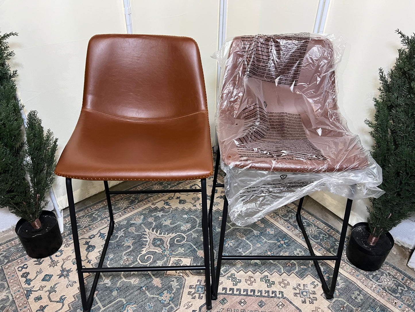 Counter Height Bar Stools Set of 2, Modern Counter Stool Faux Leather Barstools with Back, 26 inch Seat Height Island Stools Countertop Comfortable Brown Bar Chairs with Metal Legs