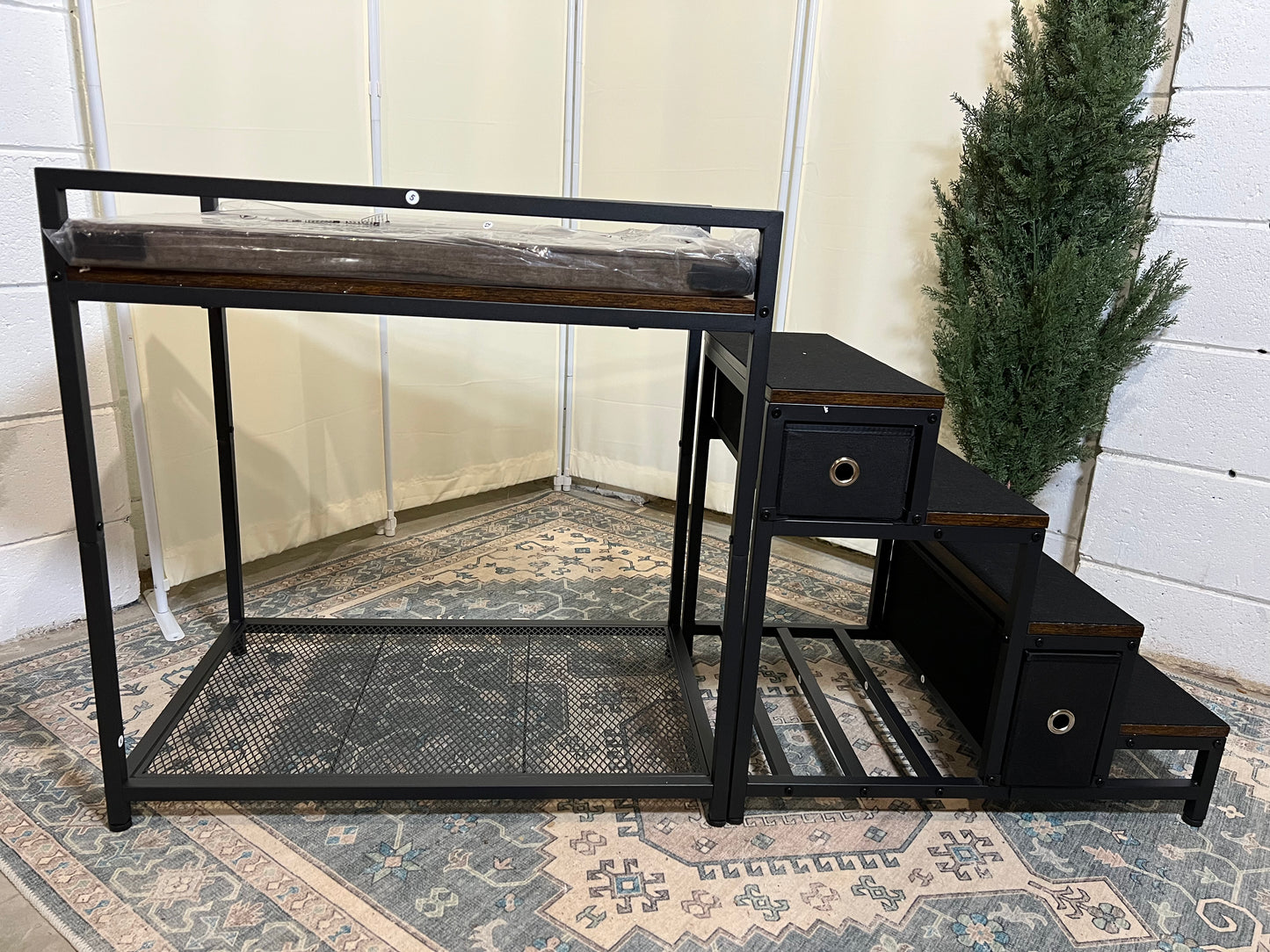 Pet Bunk Bed with Stairs and Storage, Dogs/Cats Window Perch, Bedside Lounge Elevated Dog Bed Multi-Level Platform with Foam Upholstery