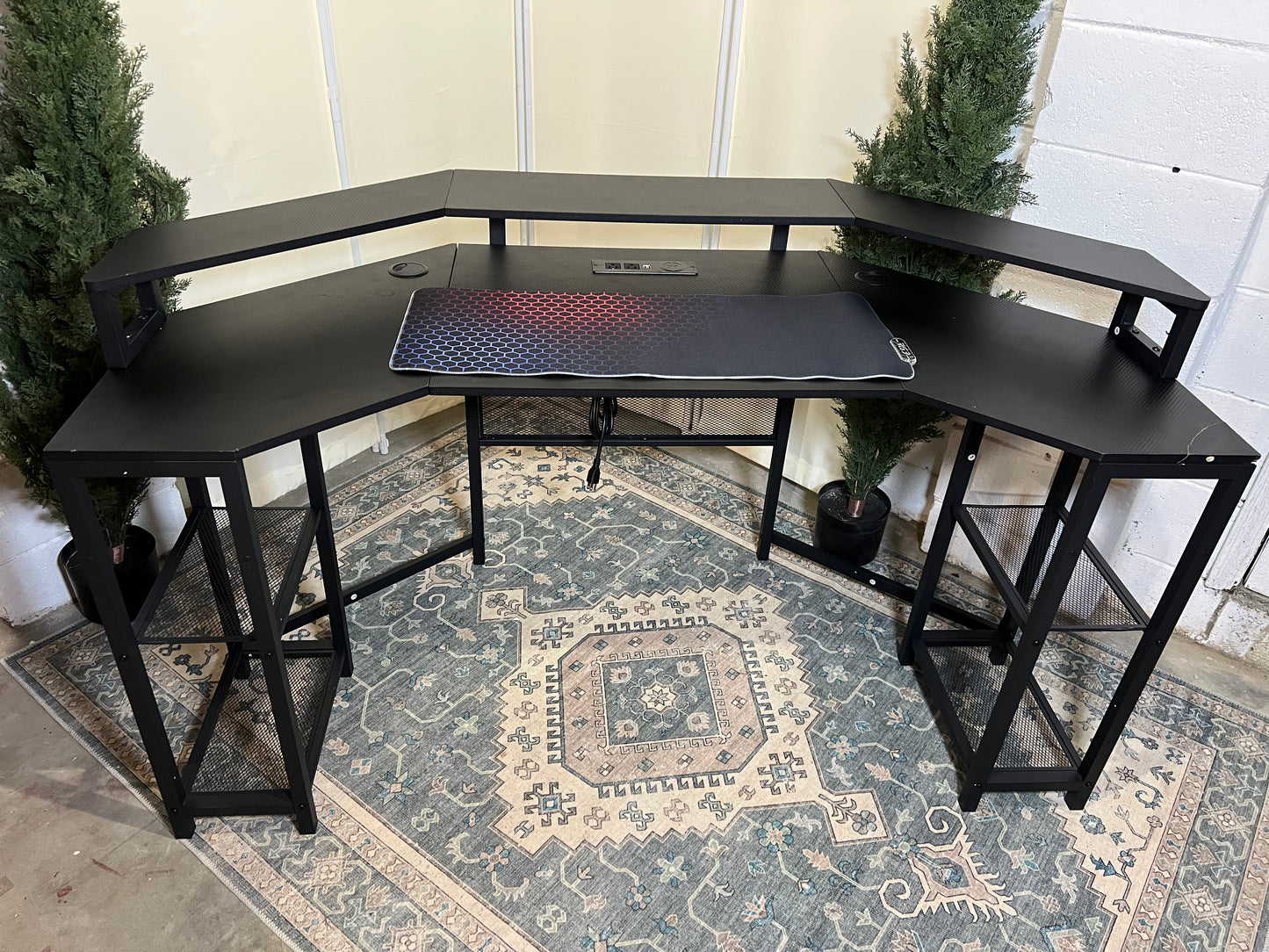 63" Computer Desk with Power Outlet & LED Light, Wing-Shaped Gaming Desk with Shelves, Full Monitor Stand,Wireless Charging,RGB Mouse Pad,Headphone Hook, Home Office Desk (Black)