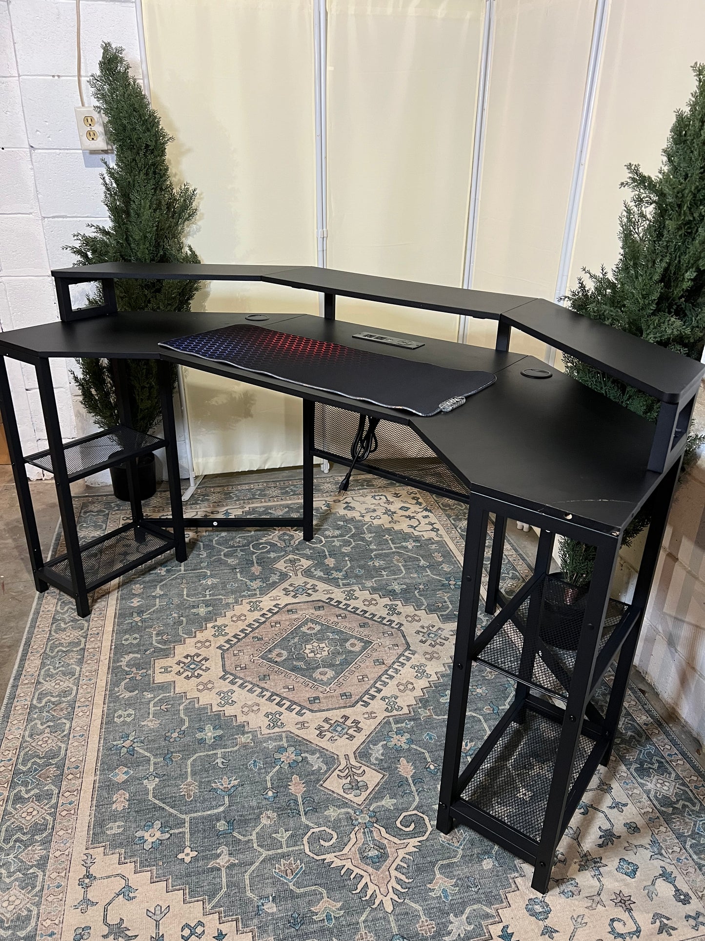 63" Computer Desk with Power Outlet & LED Light, Wing-Shaped Gaming Desk with Shelves, Full Monitor Stand,Wireless Charging,RGB Mouse Pad,Headphone Hook, Home Office Desk (Black)