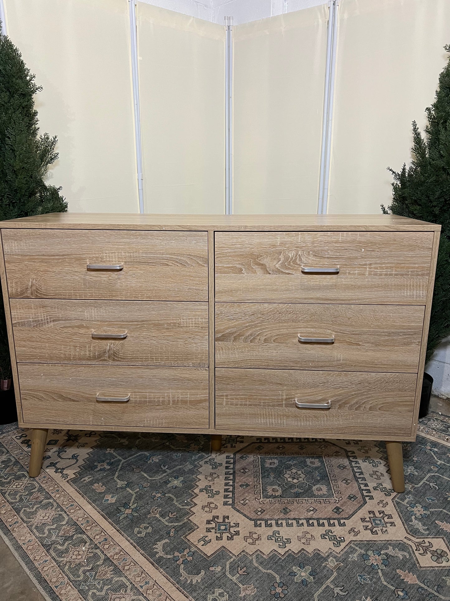 Wood Dresser for Bedroom, 6 Drawer Dresser with Metal Handles, Mid Century Modern Dresser Double Chest of Drawer (Light Oak)