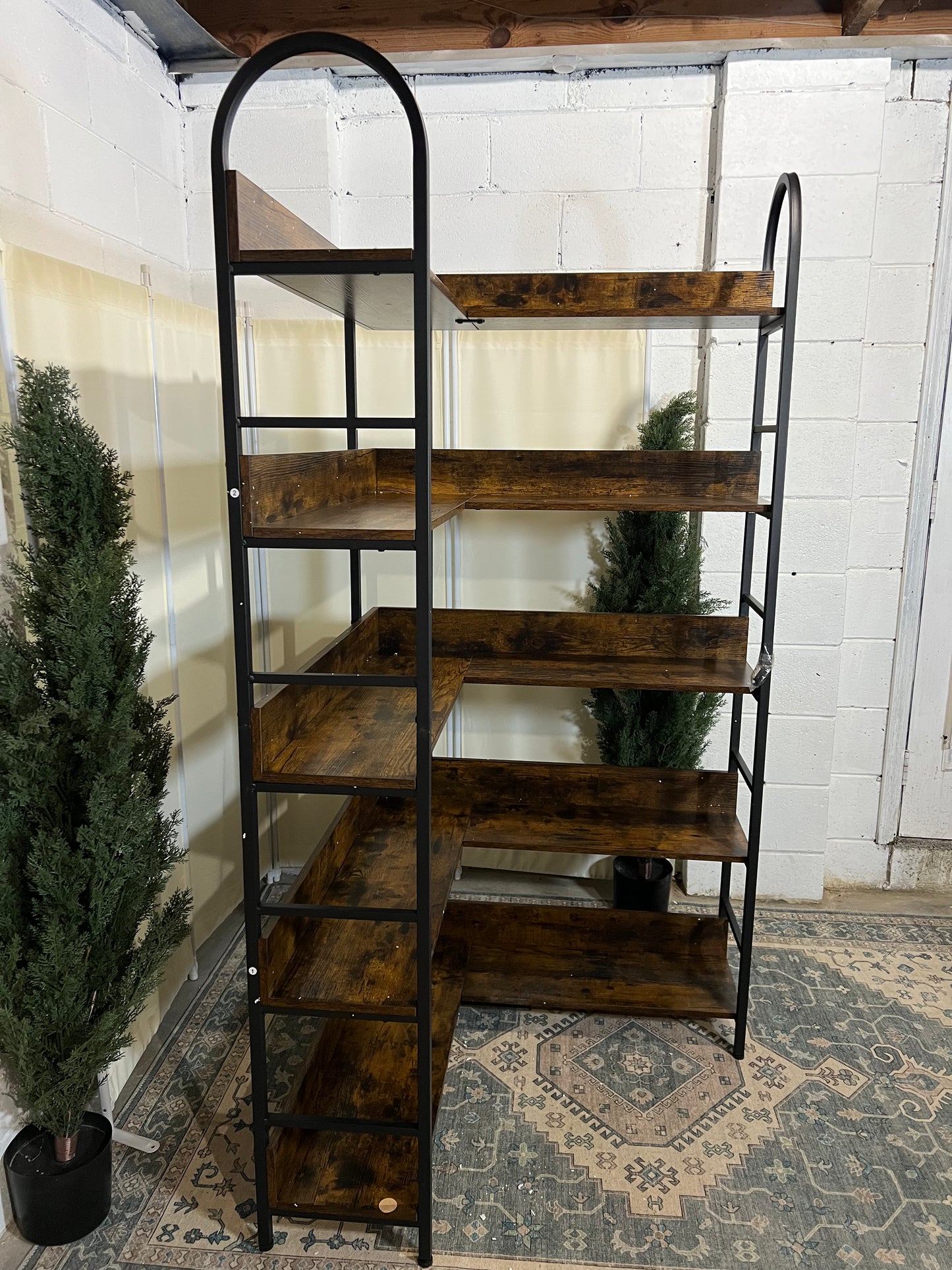 L Shaped Corner Bookcase and Bookshelves, 5-Tier Tall Open Shelf Etagere Bookcase, Wood and Metal Large Library Industrial Bookcases Display Rack for Living Room Home Office,Black+Brown
