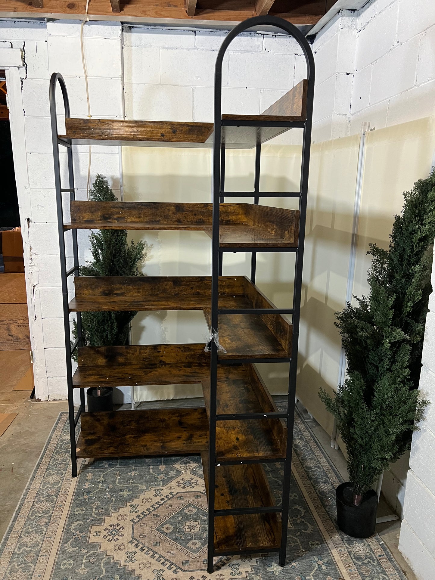 L Shaped Corner Bookcase and Bookshelves, 5-Tier Tall Open Shelf Etagere Bookcase, Wood and Metal Large Library Industrial Bookcases Display Rack for Living Room Home Office,Black+Brown