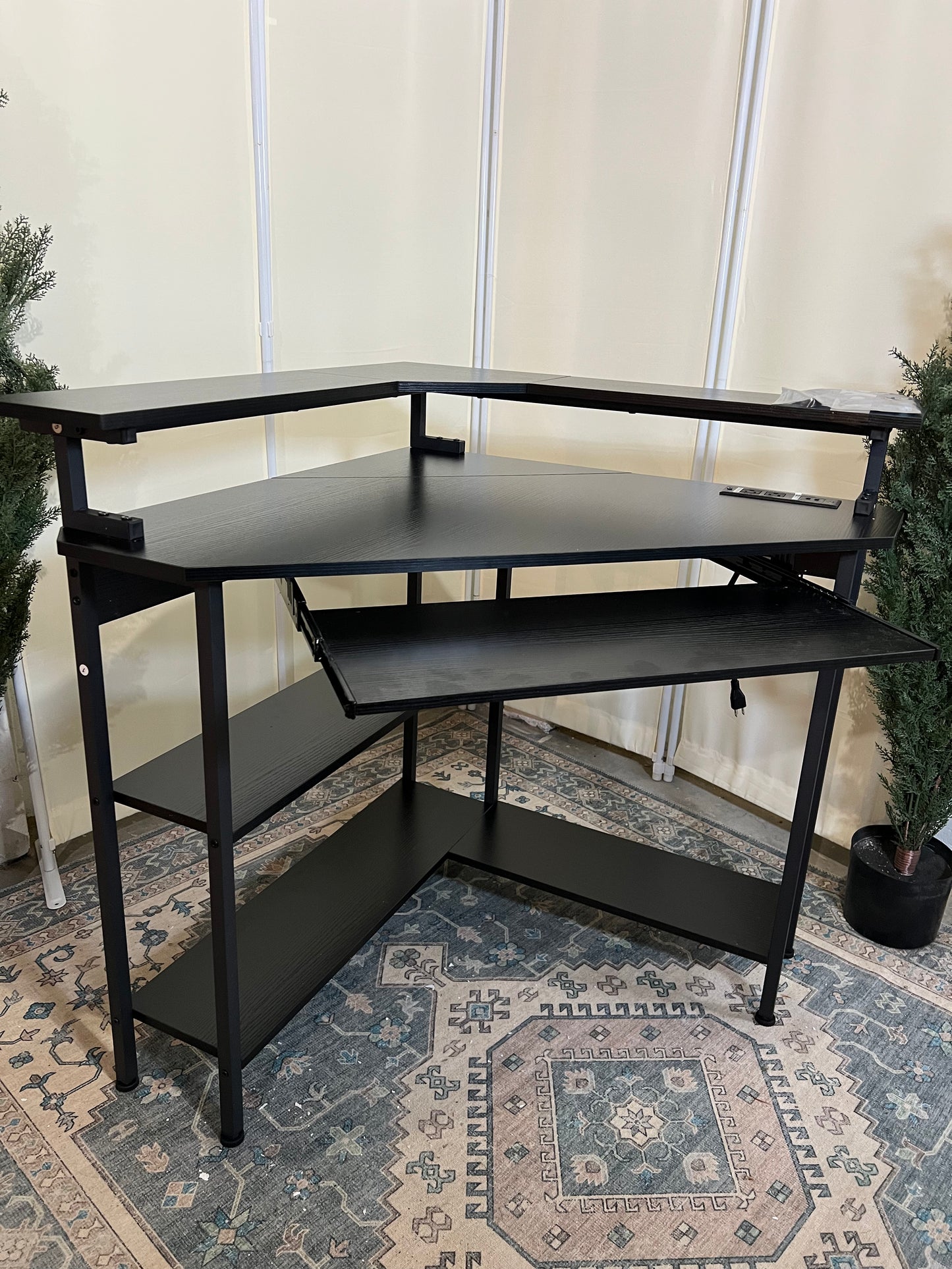 Corner Desk with Charging Station & LED Light, Triangle Corner Desk with Monitor Stand & Keyboard Tray for Small Space, Gaming Computer Desk with Storage Shelves for Home Office (Black)