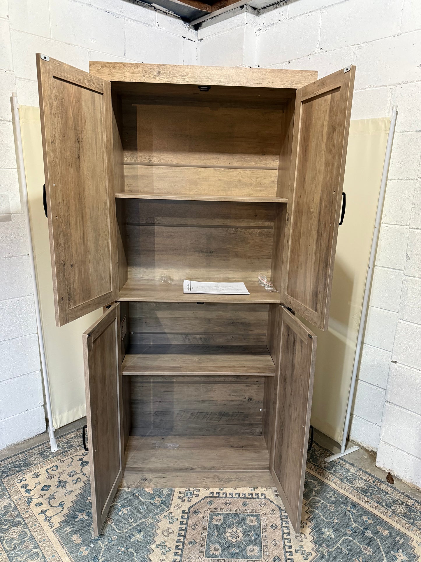 71" Tall Kitchen Pantry,Farmhouse Storage Cabinet with Adjustable Shelves,Load-Bearing Steel Pipe,Farmhouse Pantry Cabinet with 4 Barn Doors,for Kitchen,Dining Room,Living Room(Light Rustic Oak)