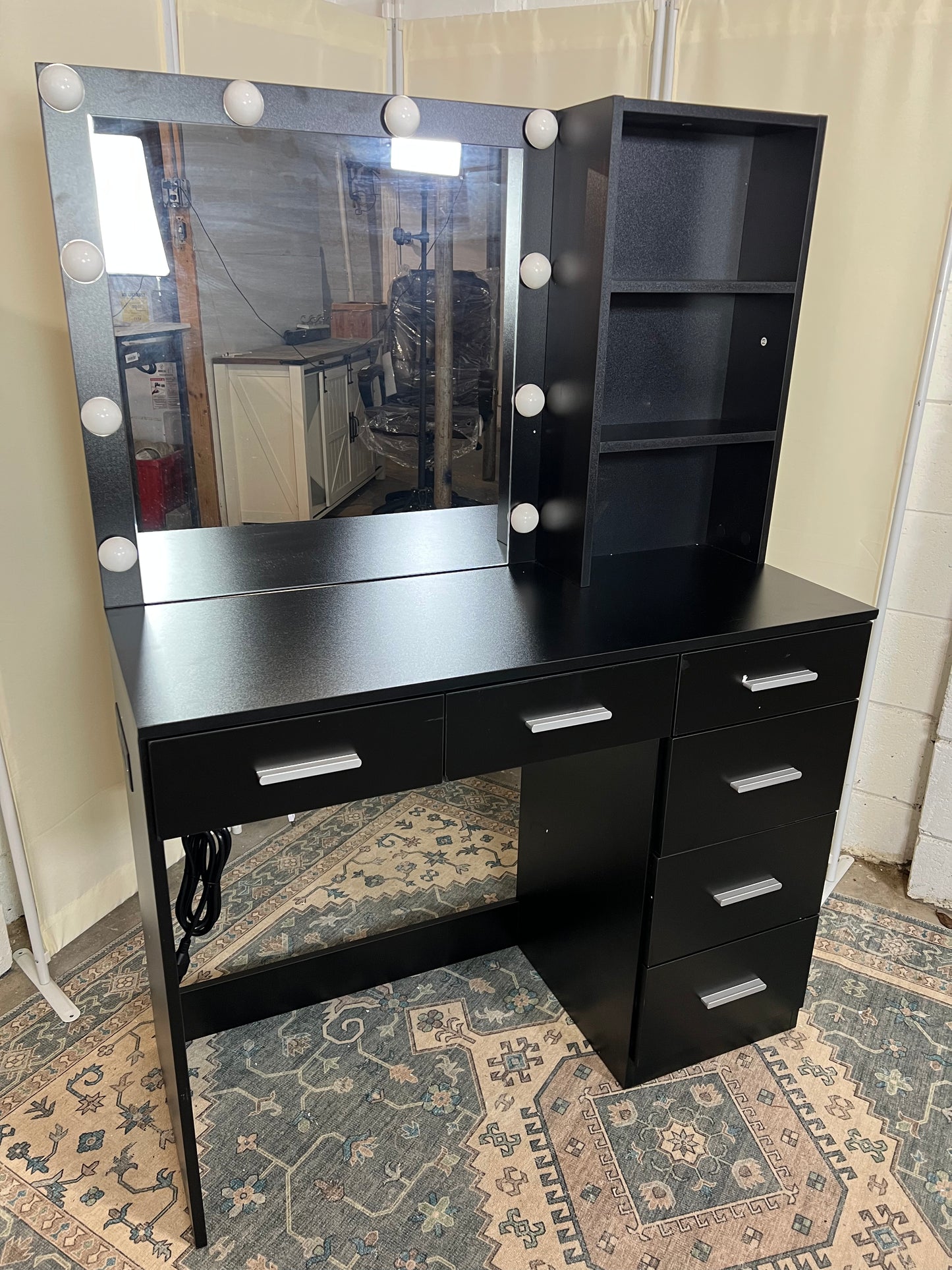 Vanity Desk with Lighted Mirror & Power Outlet, Makeup Vanity Table with 6 Drawers, 3-Tier Shelf, Vanity Dresser with 10 Lights in 3 Lighting Colors for Bathroom, Bedroom,Makeup Room, Black