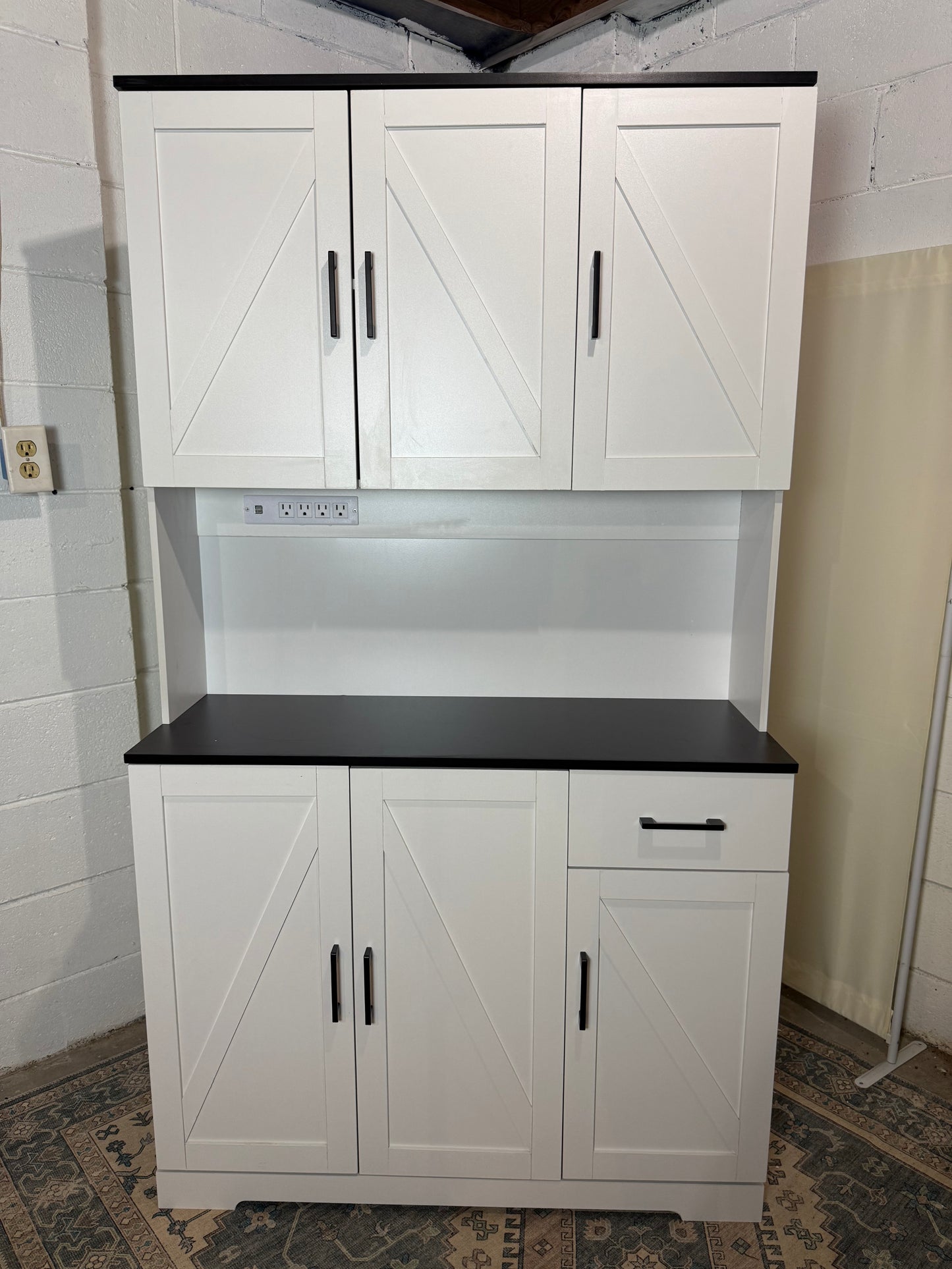 71’’ Farmhouse Kitchen Pantry Cabinet, Tall Storage Cabinet with Power Outlet, Freestanding Hutch with Drawer, 4 Adjustable Shelf & 6 Doors for Kitchen Living Room (White)
