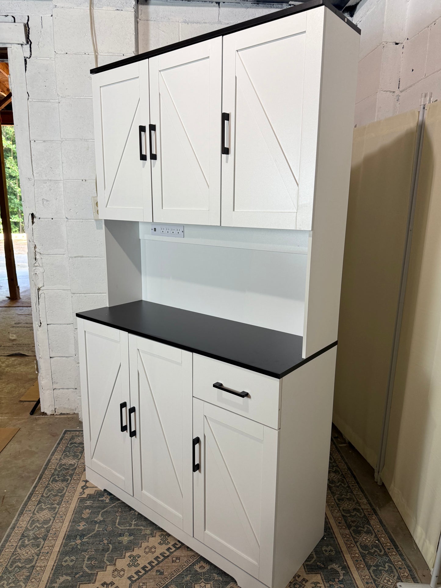 71’’ Farmhouse Kitchen Pantry Cabinet, Tall Storage Cabinet with Power Outlet, Freestanding Hutch with Drawer, 4 Adjustable Shelf & 6 Doors for Kitchen Living Room (White)