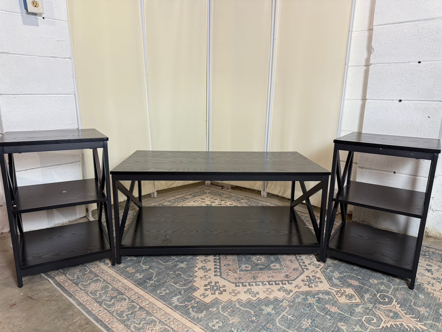Living Room Coffee Table Set of 3, Industrial X-Design Coffee Table and 2 End Side Tables, 3 Piece Living Room Table Set with Large Storage for Apartment Home (Black)