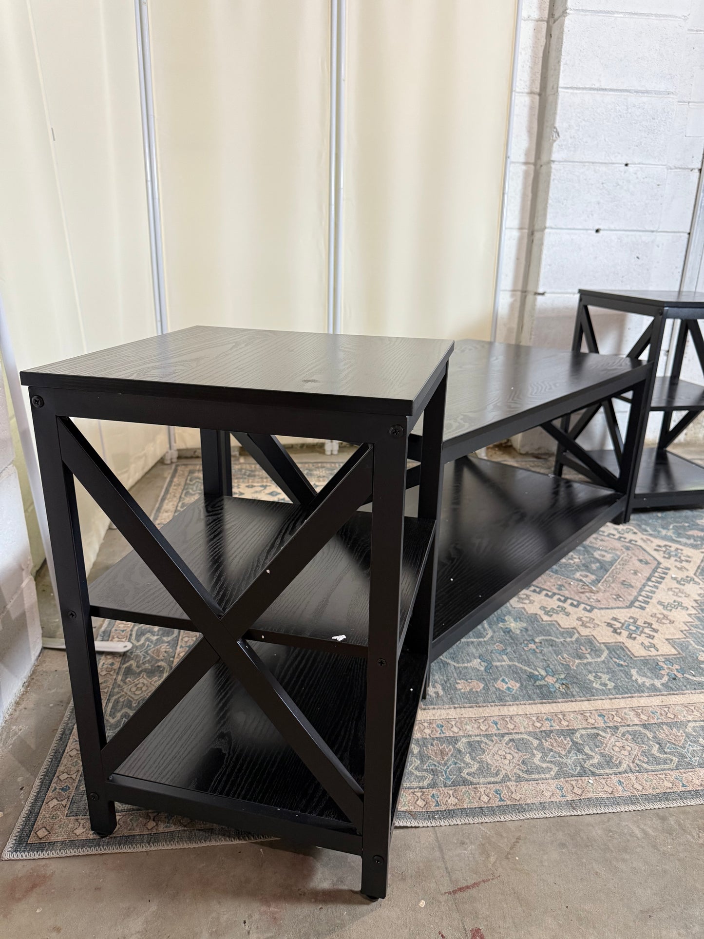Living Room Coffee Table Set of 3, Industrial X-Design Coffee Table and 2 End Side Tables, 3 Piece Living Room Table Set with Large Storage for Apartment Home (Black)