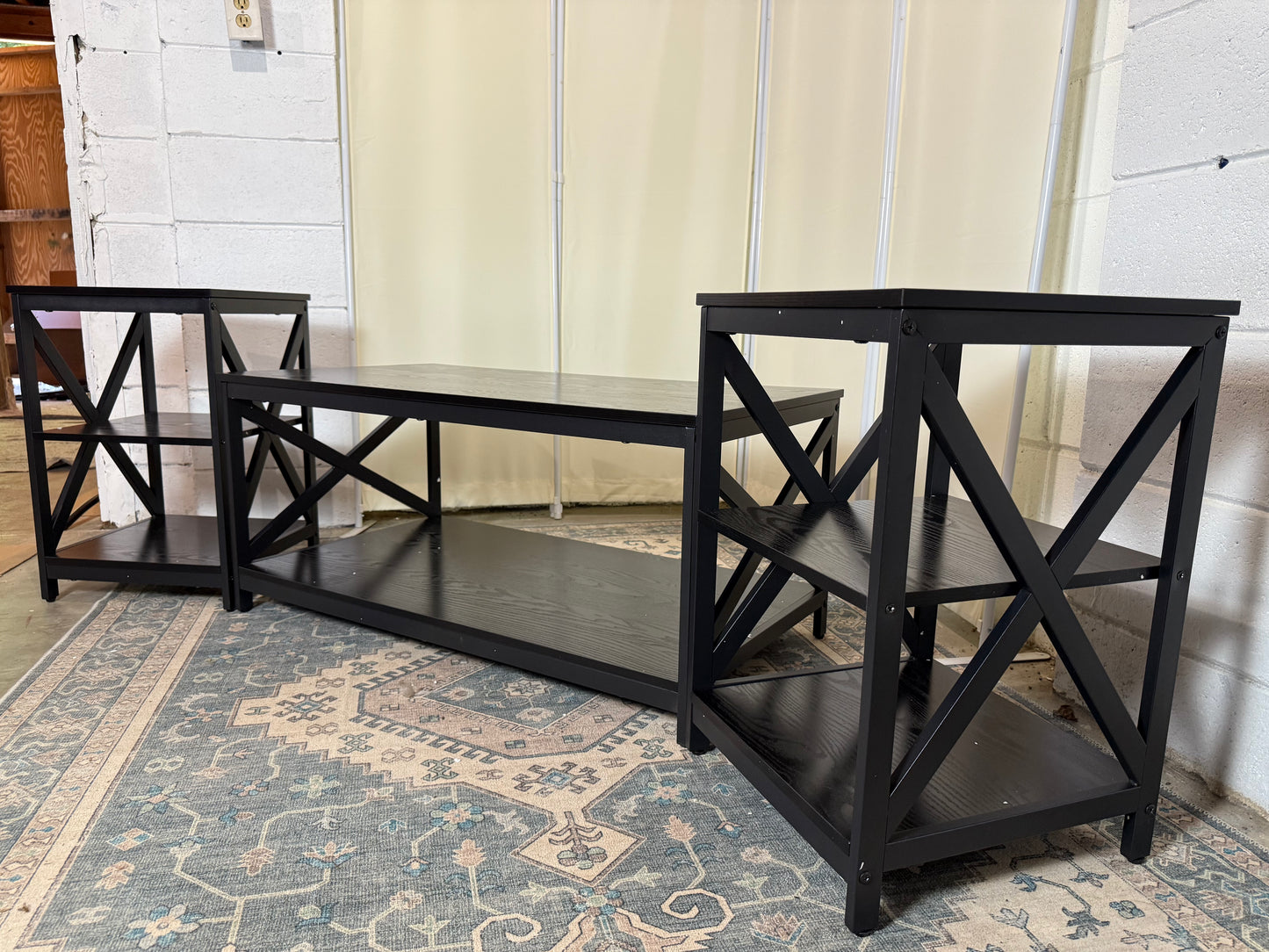 Living Room Coffee Table Set of 3, Industrial X-Design Coffee Table and 2 End Side Tables, 3 Piece Living Room Table Set with Large Storage for Apartment Home (Black)