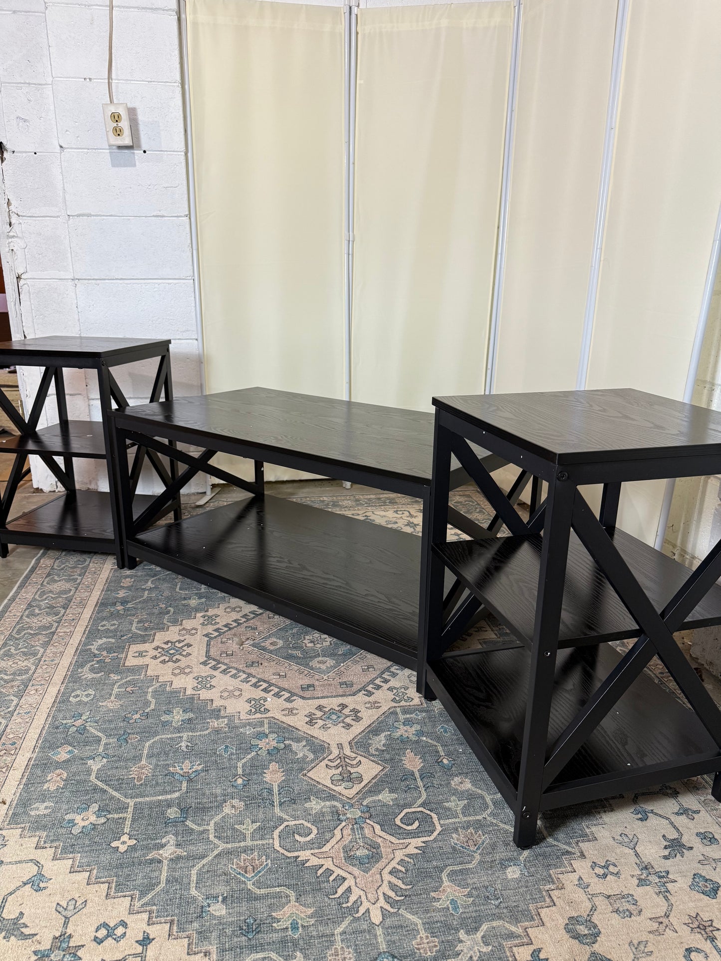 Living Room Coffee Table Set of 3, Industrial X-Design Coffee Table and 2 End Side Tables, 3 Piece Living Room Table Set with Large Storage for Apartment Home (Black)