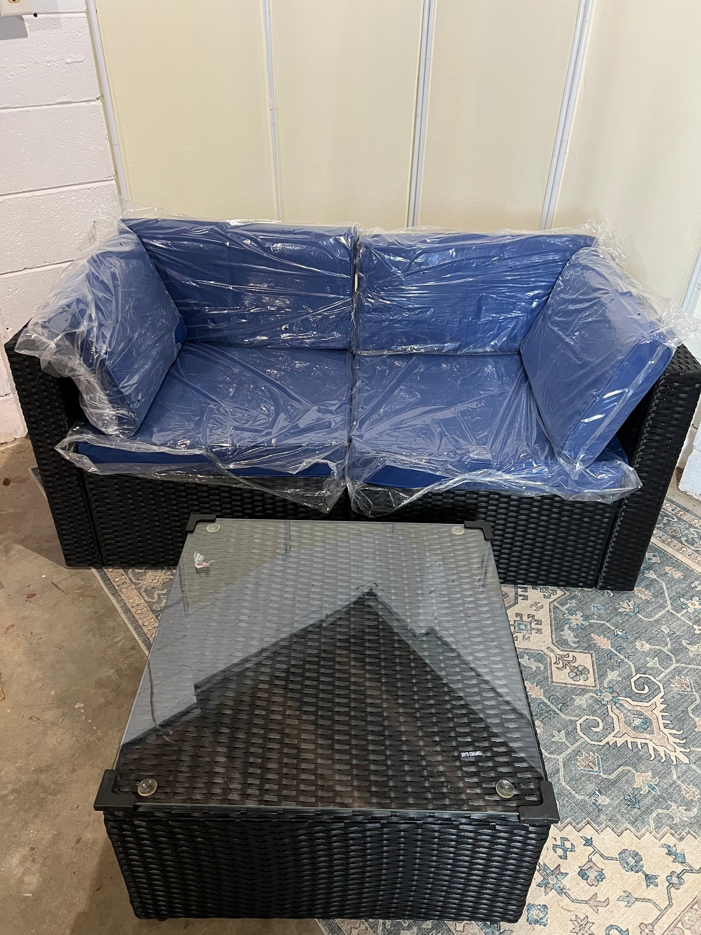 5pcs Outdoor Patio Furniture Set,Wicker Sofa Chairs PE Rattan Thick Cushions Couch with Tea Table and Washable Cushion(Dark Blue)
