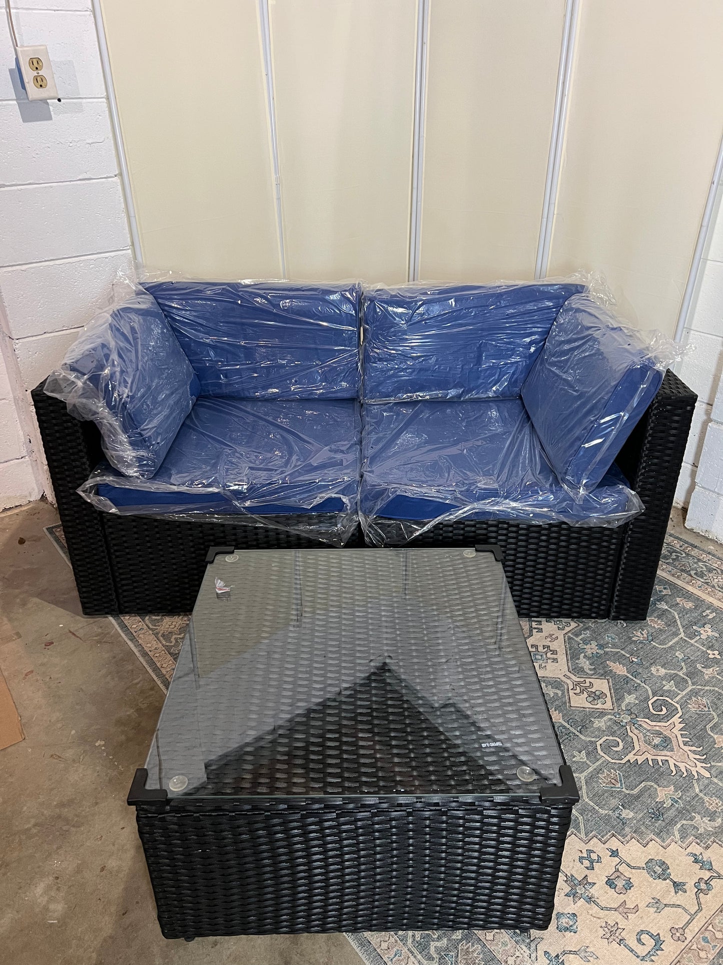 5pcs Outdoor Patio Furniture Set,Wicker Sofa Chairs PE Rattan Thick Cushions Couch with Tea Table and Washable Cushion(Dark Blue)