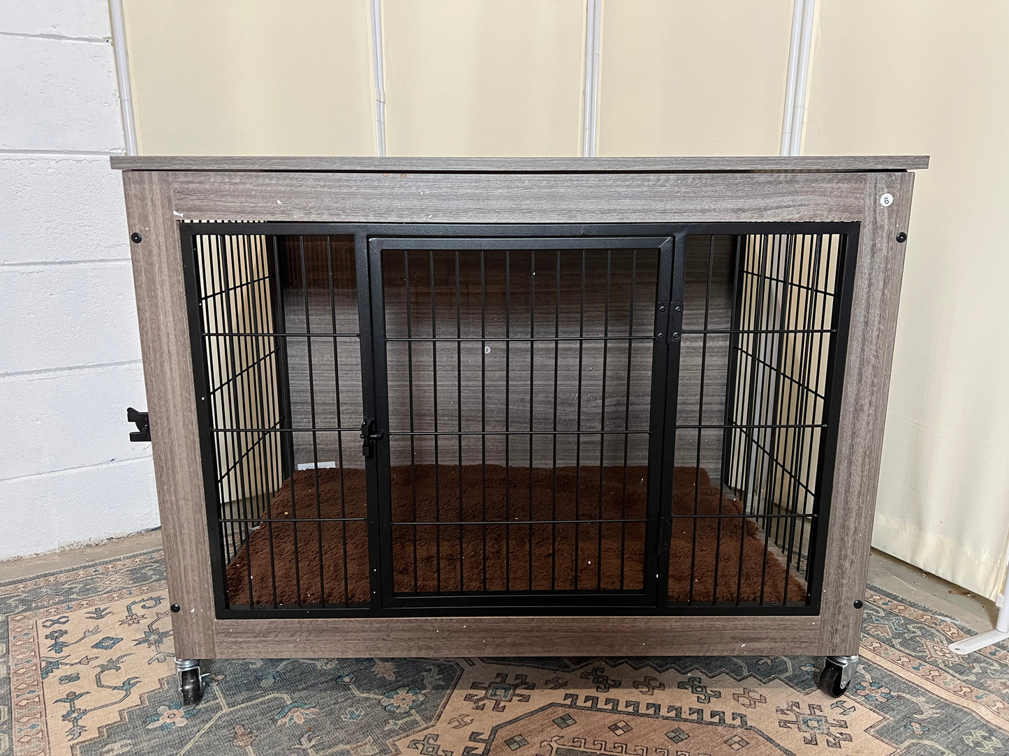 32 Inch Dog Crate Furniture with Cushion, Double Doors Wooden Dog Kennel Cage Indoor with Wheels, Pet House Decorative Side End Table for Small Medium Dogs, Gray