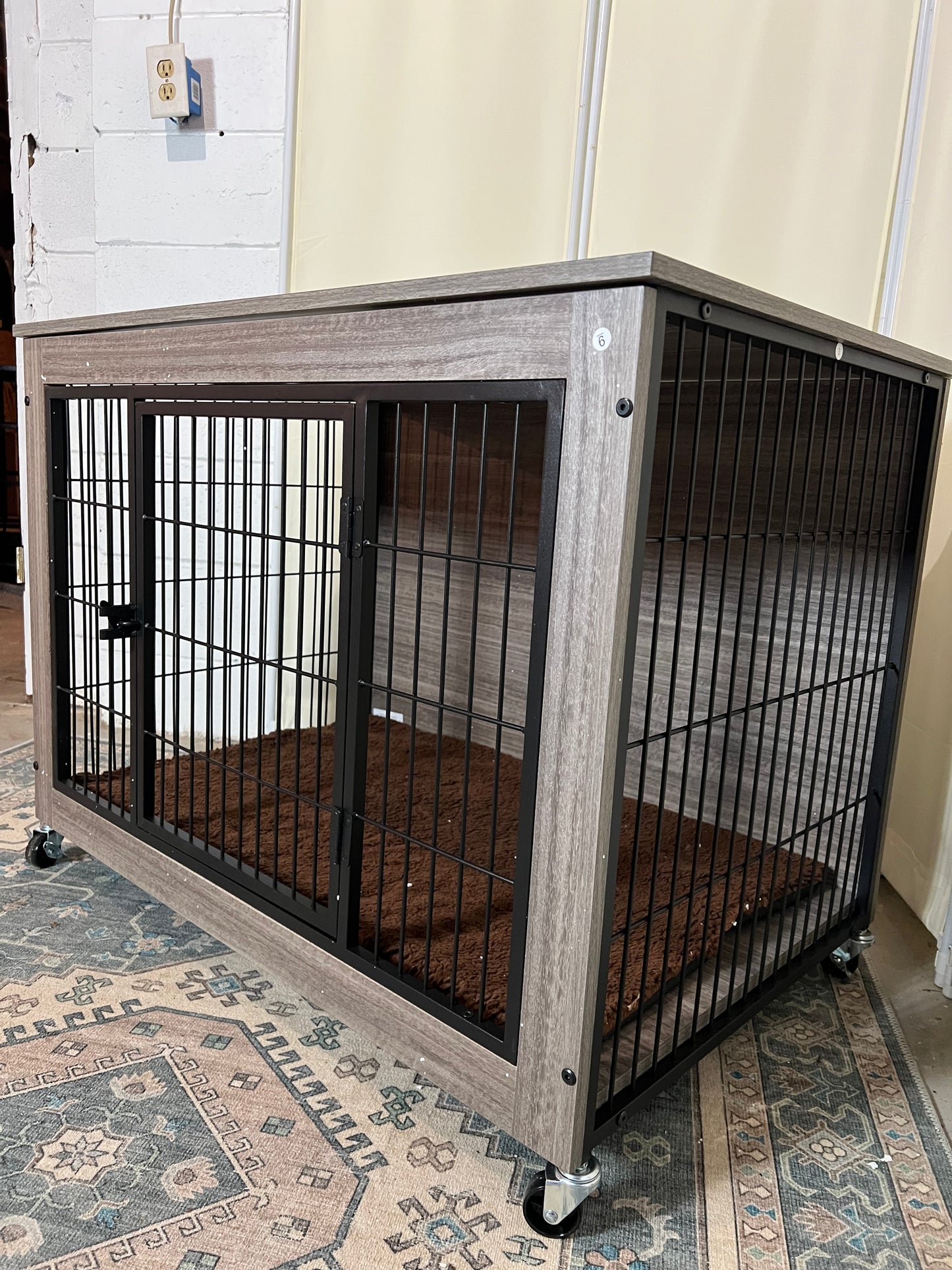 32 Inch Dog Crate Furniture with Cushion, Double Doors Wooden Dog Kennel Cage Indoor with Wheels, Pet House Decorative Side End Table for Small Medium Dogs, Gray