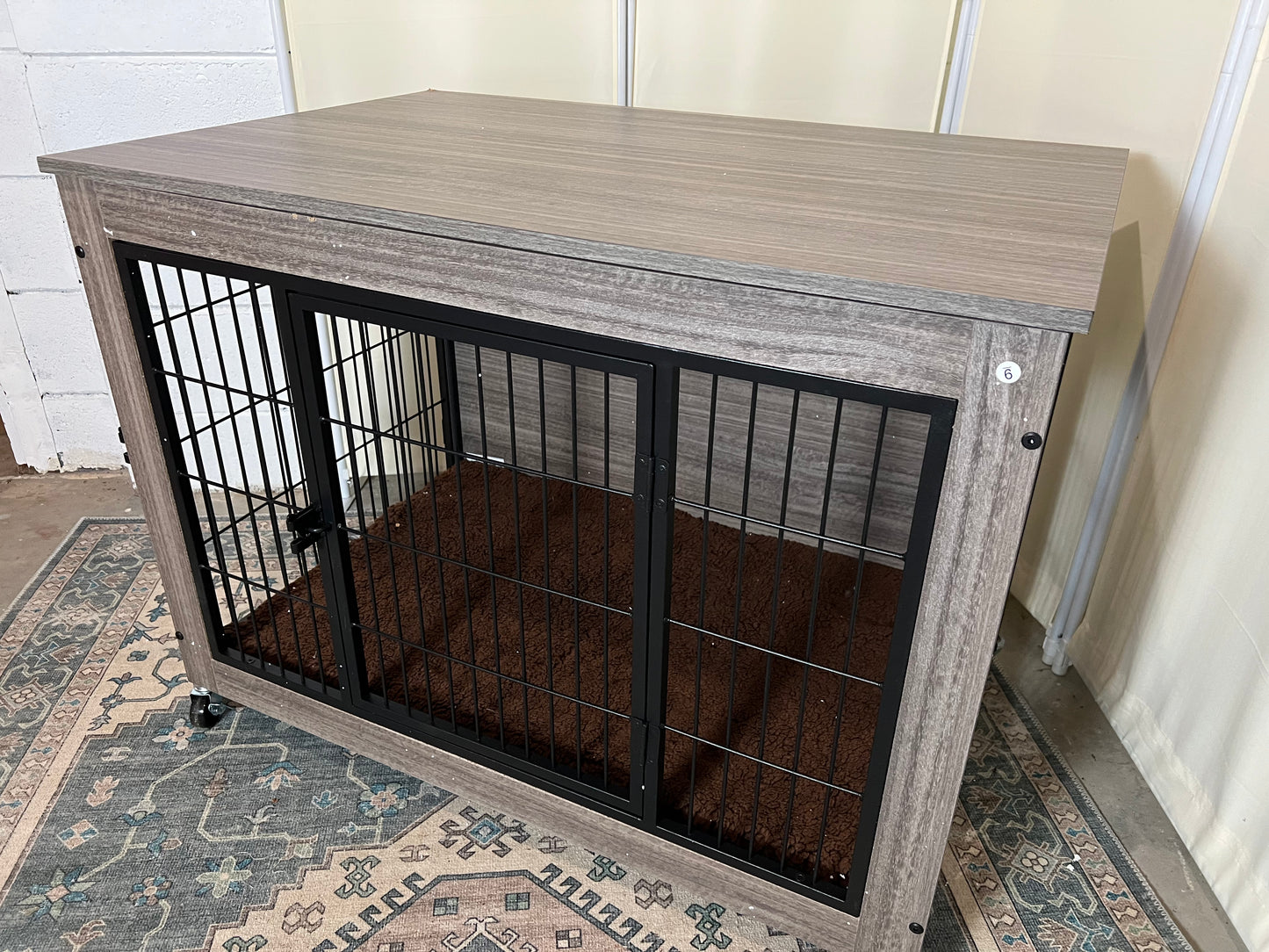 32 Inch Dog Crate Furniture with Cushion, Double Doors Wooden Dog Kennel Cage Indoor with Wheels, Pet House Decorative Side End Table for Small Medium Dogs, Gray