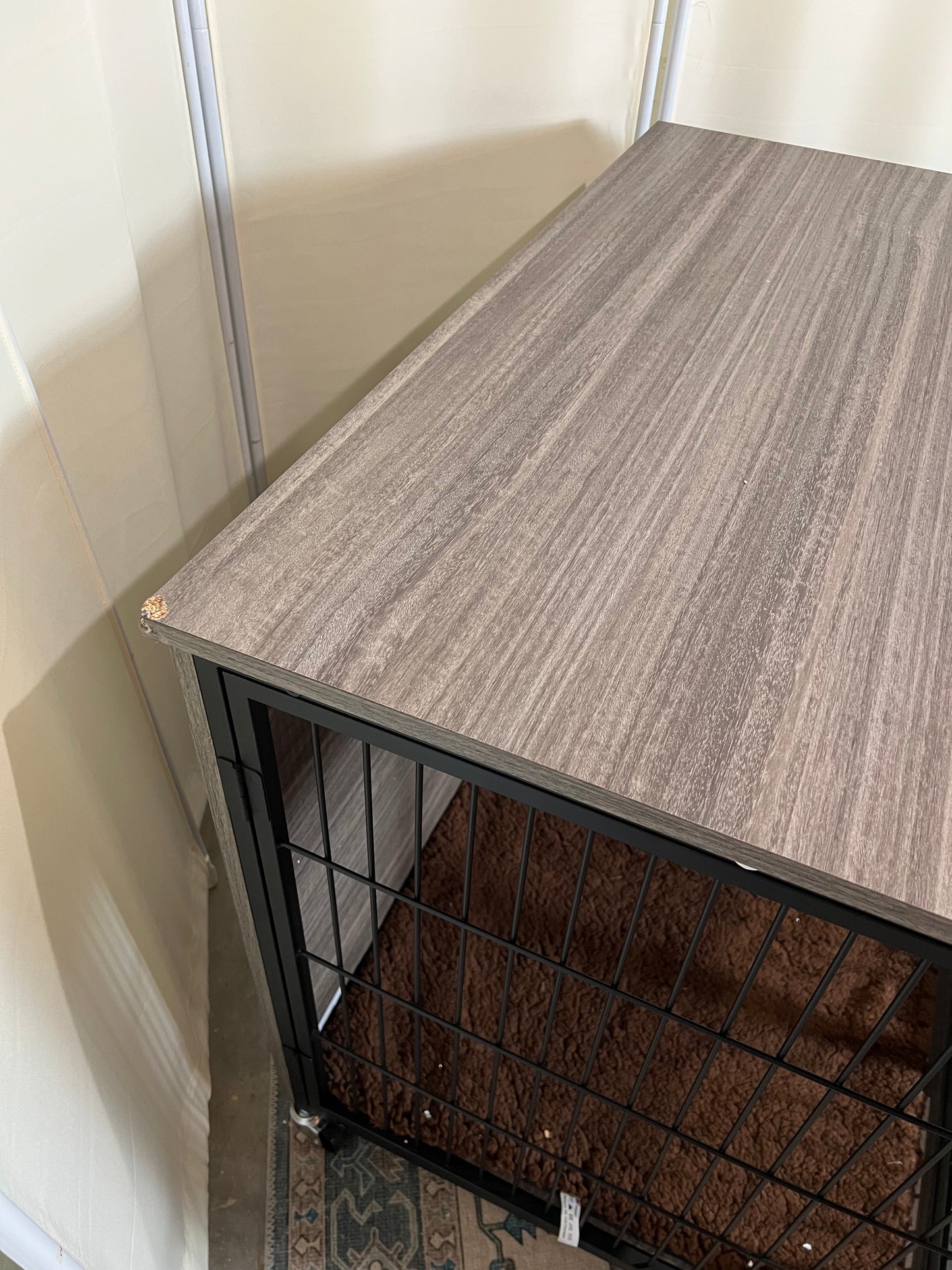 32 Inch Dog Crate Furniture with Cushion, Double Doors Wooden Dog Kennel Cage Indoor with Wheels, Pet House Decorative Side End Table for Small Medium Dogs, Gray