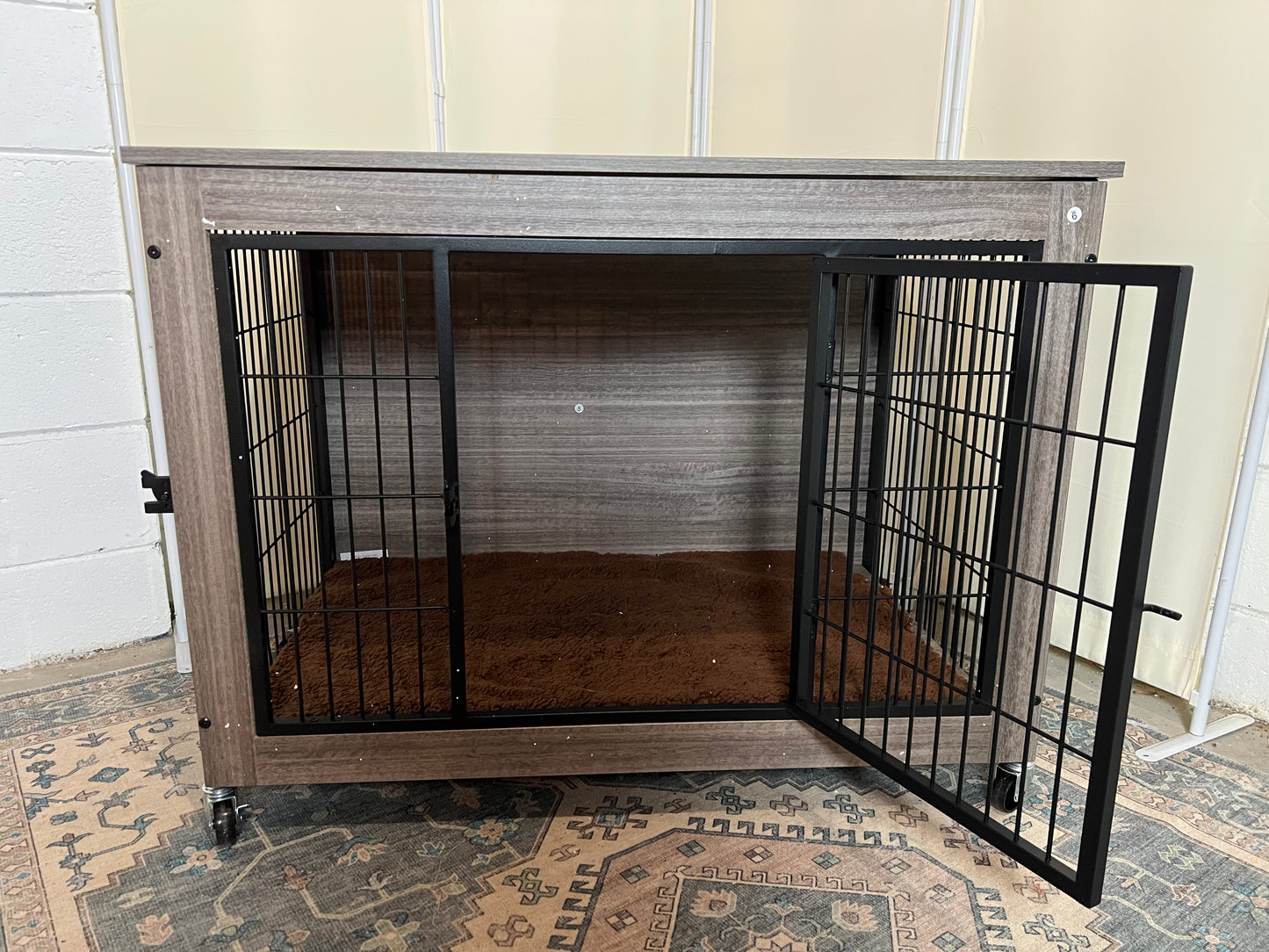 32 Inch Dog Crate Furniture with Cushion, Double Doors Wooden Dog Kennel Cage Indoor with Wheels, Pet House Decorative Side End Table for Small Medium Dogs, Gray
