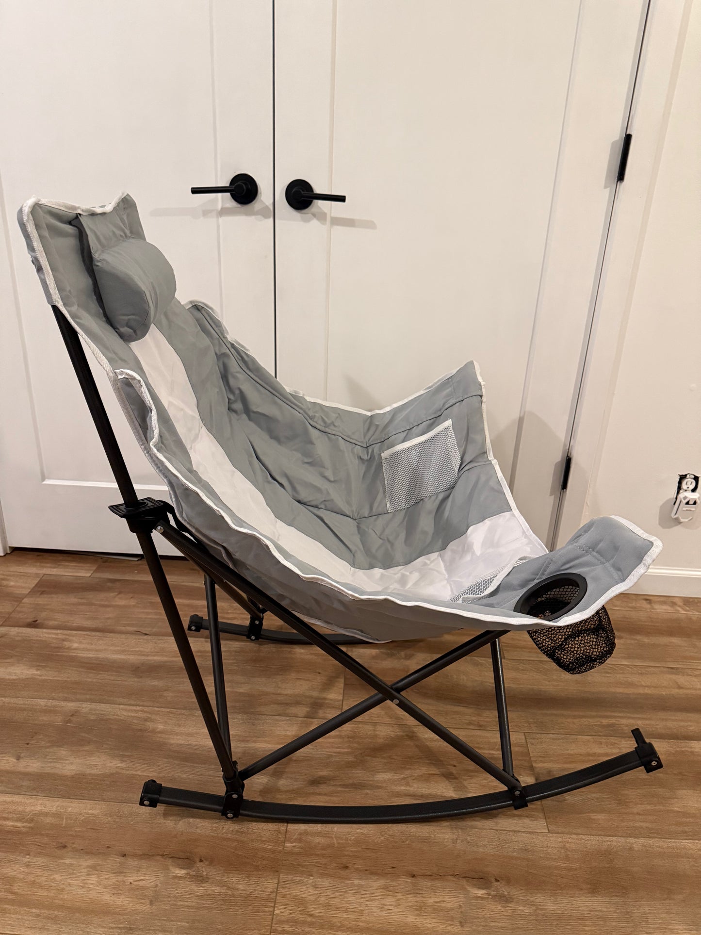 Oversized Rocking Camping Chair, Luxury Padded Recliner,Oversized Folding Lawn Chair with Pocket and Carry Bag,Outdoor Camp Rocker Chairs for Adults Heavy Duty 300 LBS (Grey)