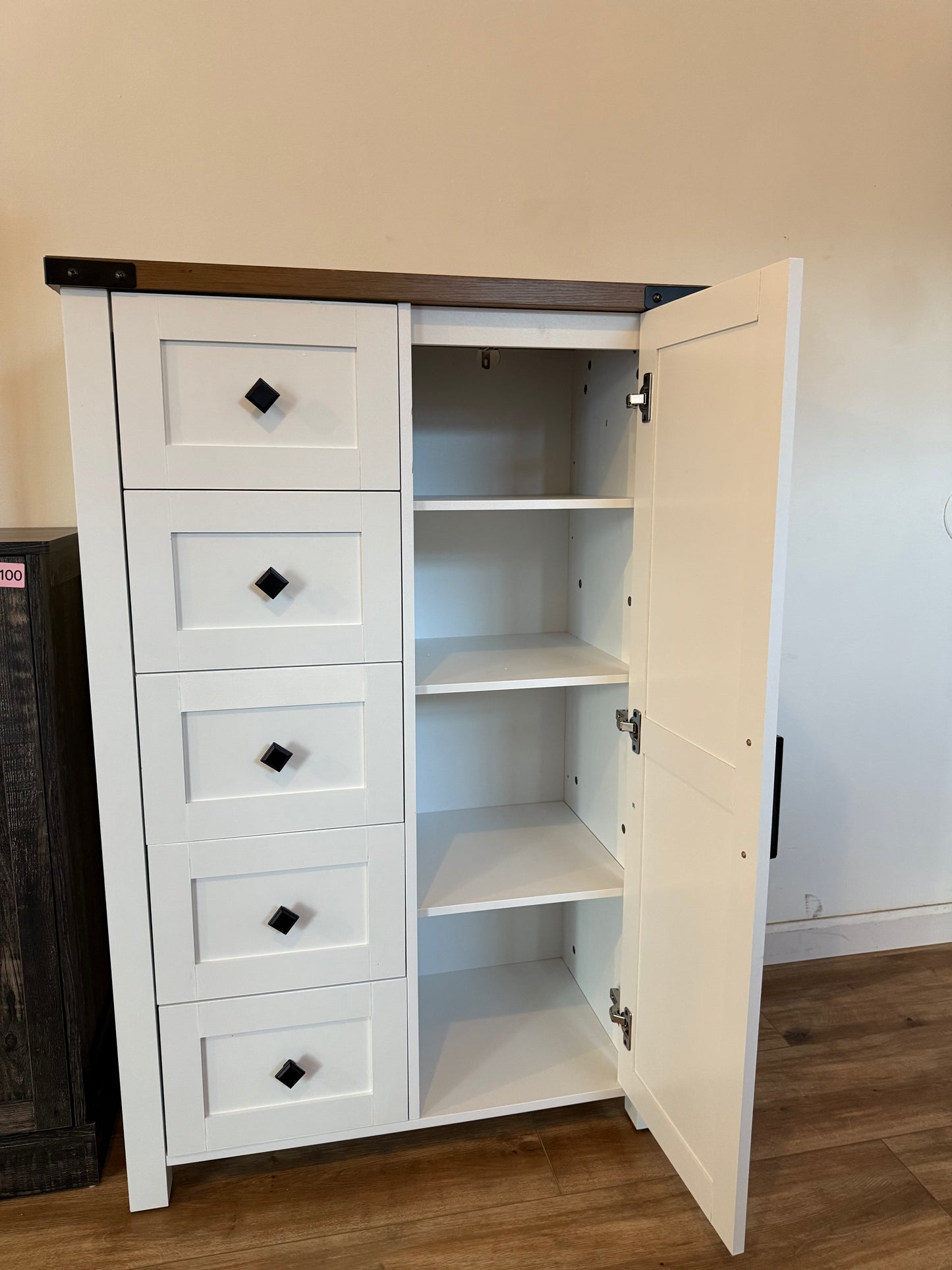 Farmhouse Dresser Storage Cabinet Chest of Drawer for Bedroom, 5 Drawer Dresser with Barn Door, 48 Inch Tall White Wood Dresser, Adjustable Shelves, Rustic, for Living Room, Entryway, Hallway