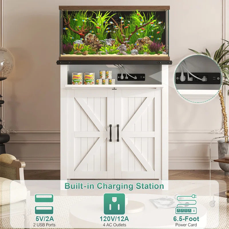 20 Gallon Aquarium Stand With Charging Station, Farmhouse Fish Tank Stand, Reptile Tank Stand Terrarium Stand With Drawer And Cabinet Storage, 27.6"×15.7" Tabletop