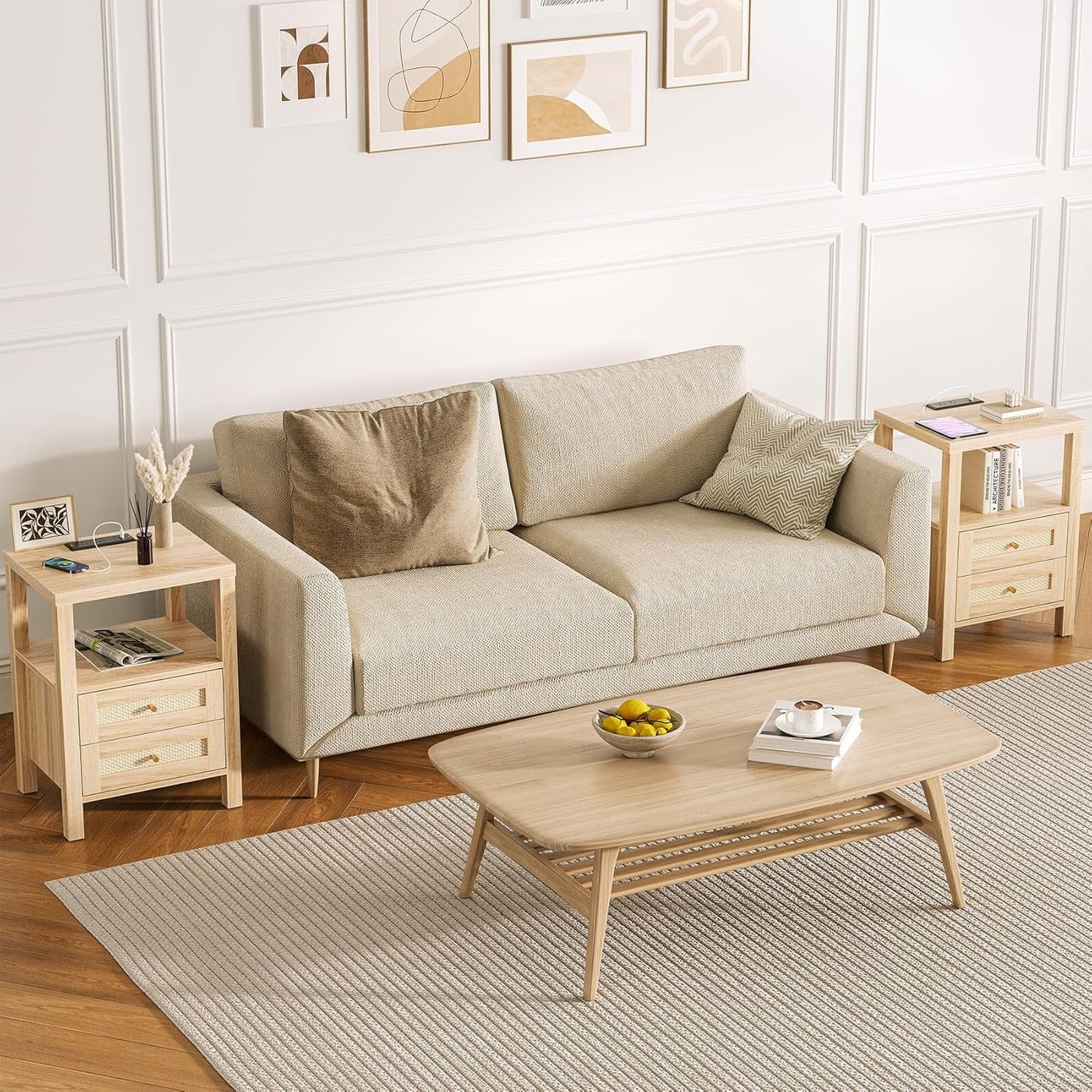 Rattan Nightstand,Boho Bedside Tables with Charging Station and Open Storage Shelf,Side Table End Tables for Bedroom Living Room