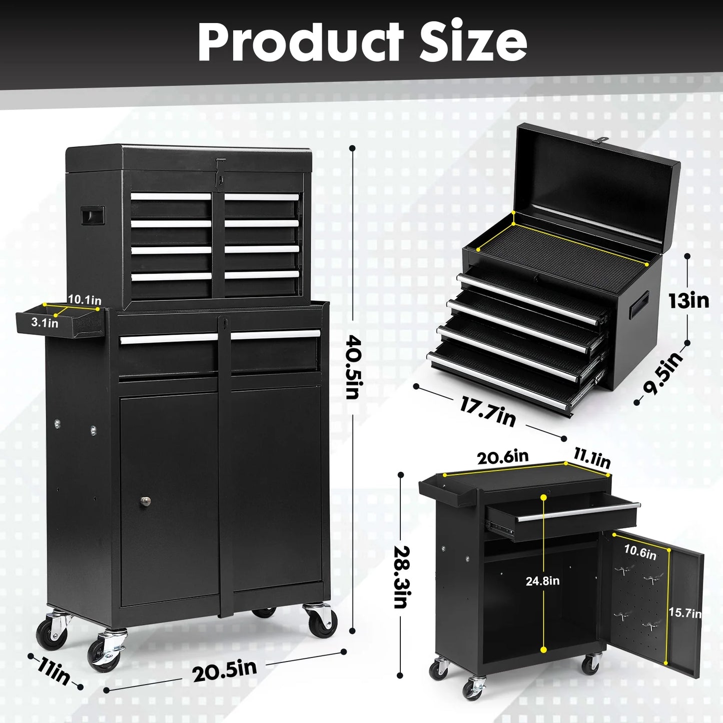 5-Drawer Rolling Tool Chest with Detachable Box, Lockable Wheels & 4 Hooks, Black