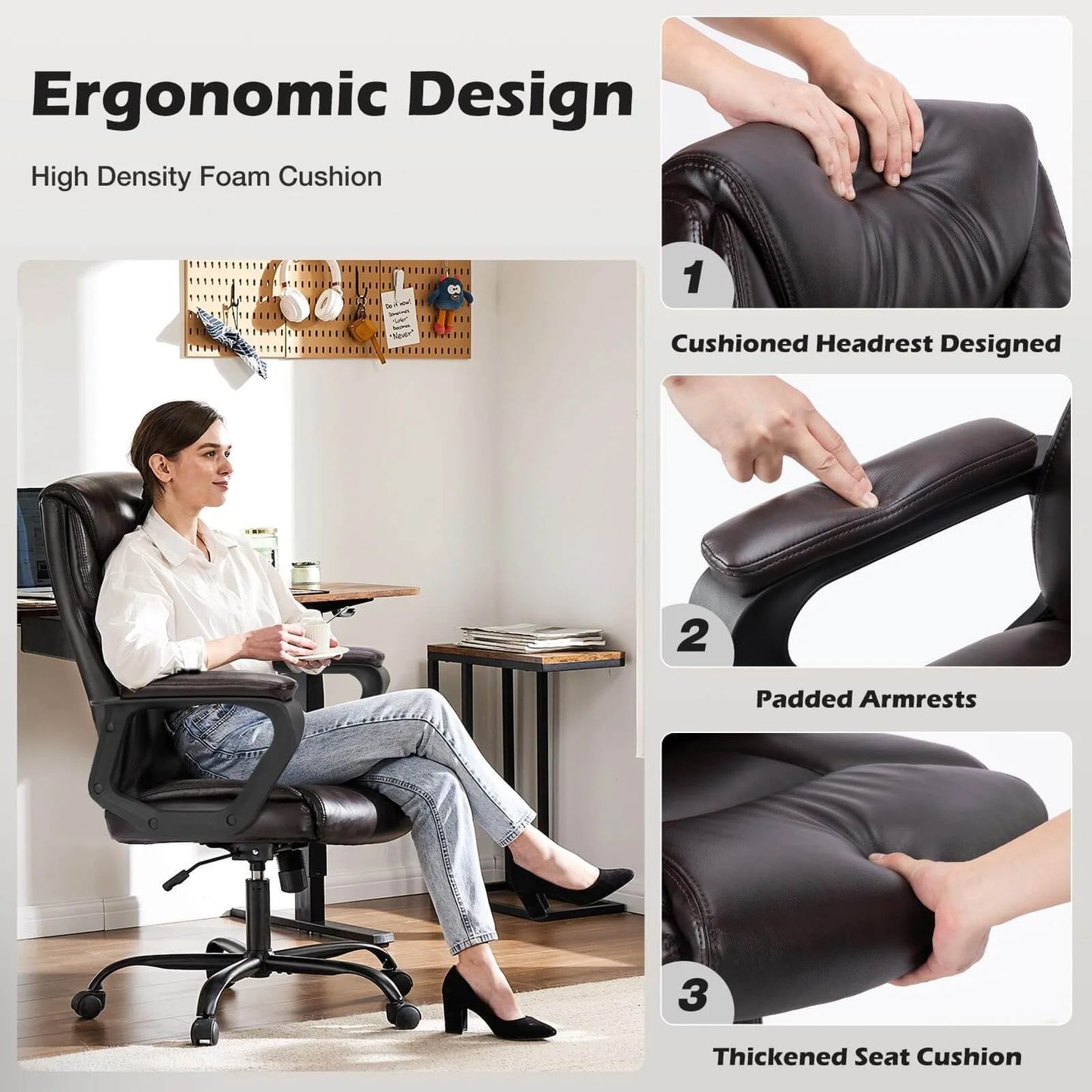 Big and Tall Office Chair Desk Chair 275lbs Wide Seat with Non-Adjustable Armrest and Lumbar Support PU Leather High Back Executive Task Ergonomic Computer Chair for Back Pain,Brown