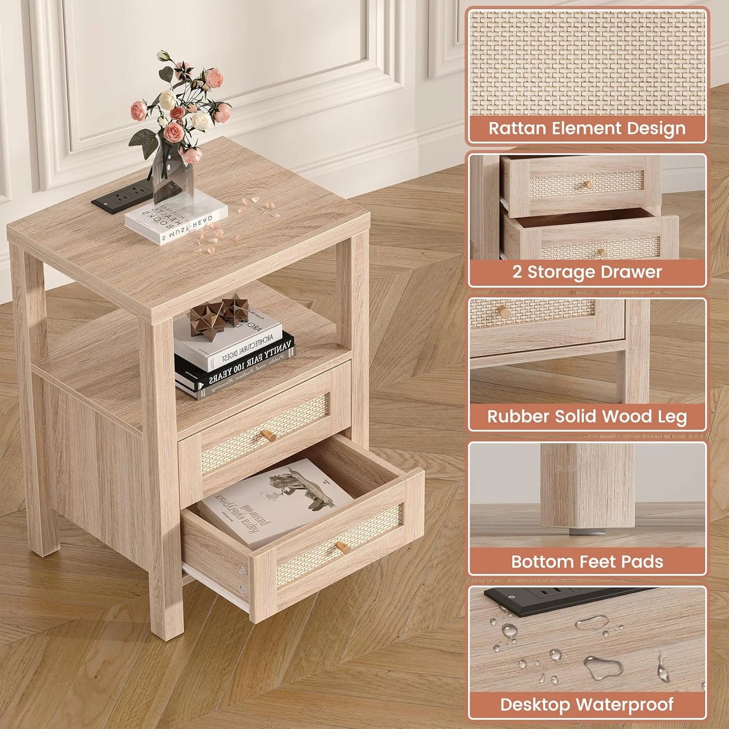 Rattan Nightstand,Boho Bedside Tables with Charging Station and Open Storage Shelf,Side Table End Tables for Bedroom Living Room