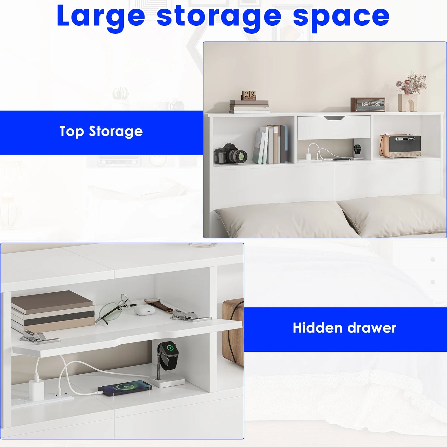 Full/Queen Headboard with Storage Shelf and Drawers, Morden White Headboard with Charging Station & LED Lights, Wood Deep Bookcase Headboards for Bedroom, 2 Tiers Storage, White