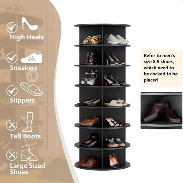 7 Tier Rotating Shoe Rack Tower, 360° Spinning Shoe Display Lazy Susan, Free Standing Shoe Organizer, Black