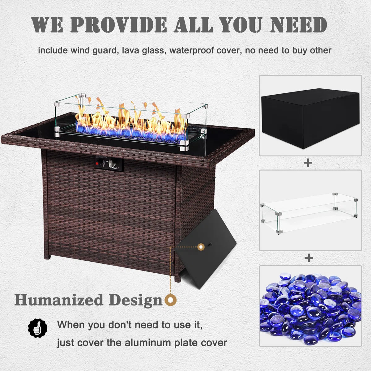 44" Propane Gas Fire Pit Table, 55000 Btu Rectangular Fire Pit With Glass Wind Guard For Outside Patio Deck Garden Backyard