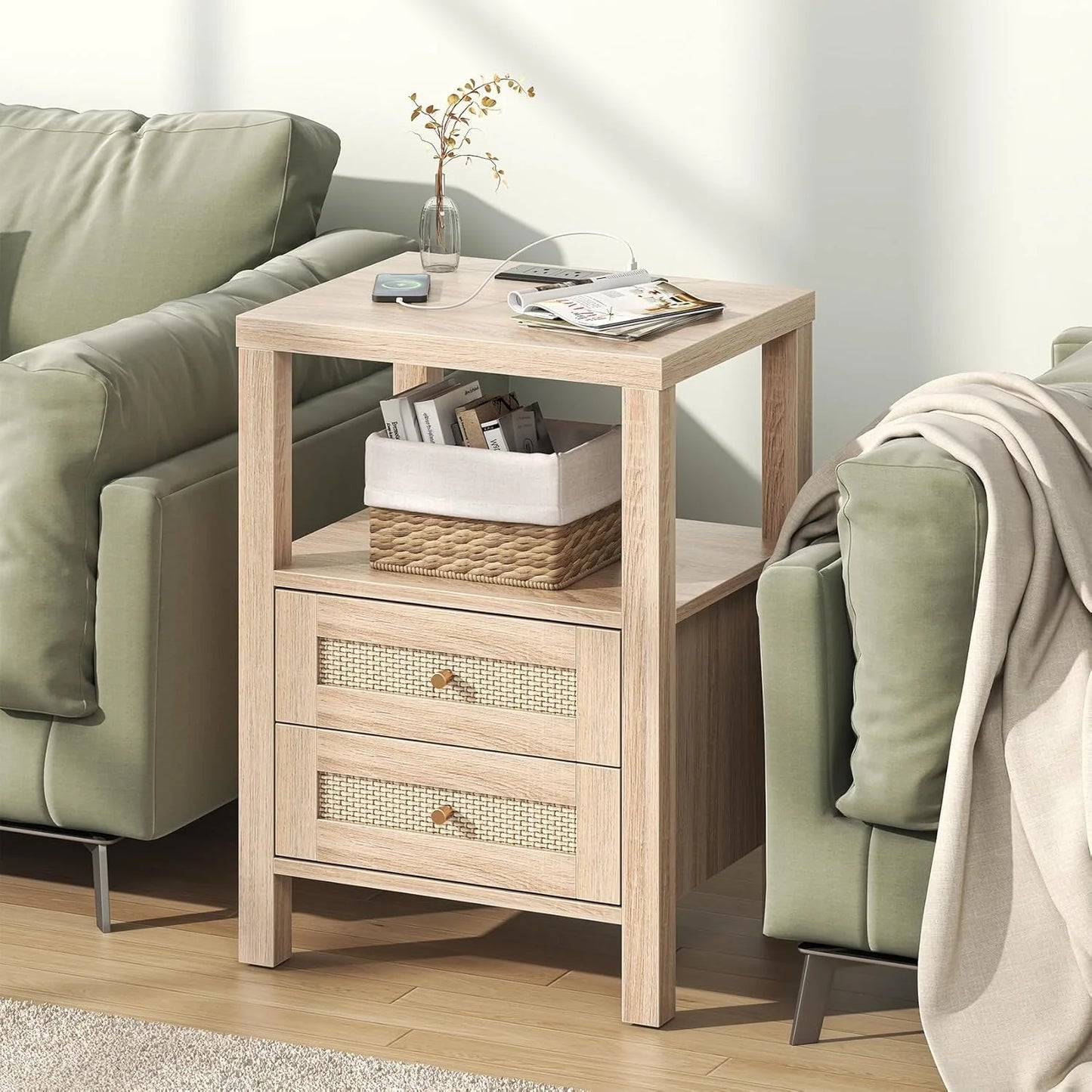 Rattan Nightstand,Boho Bedside Tables with Charging Station and Open Storage Shelf,Side Table End Tables for Bedroom Living Room