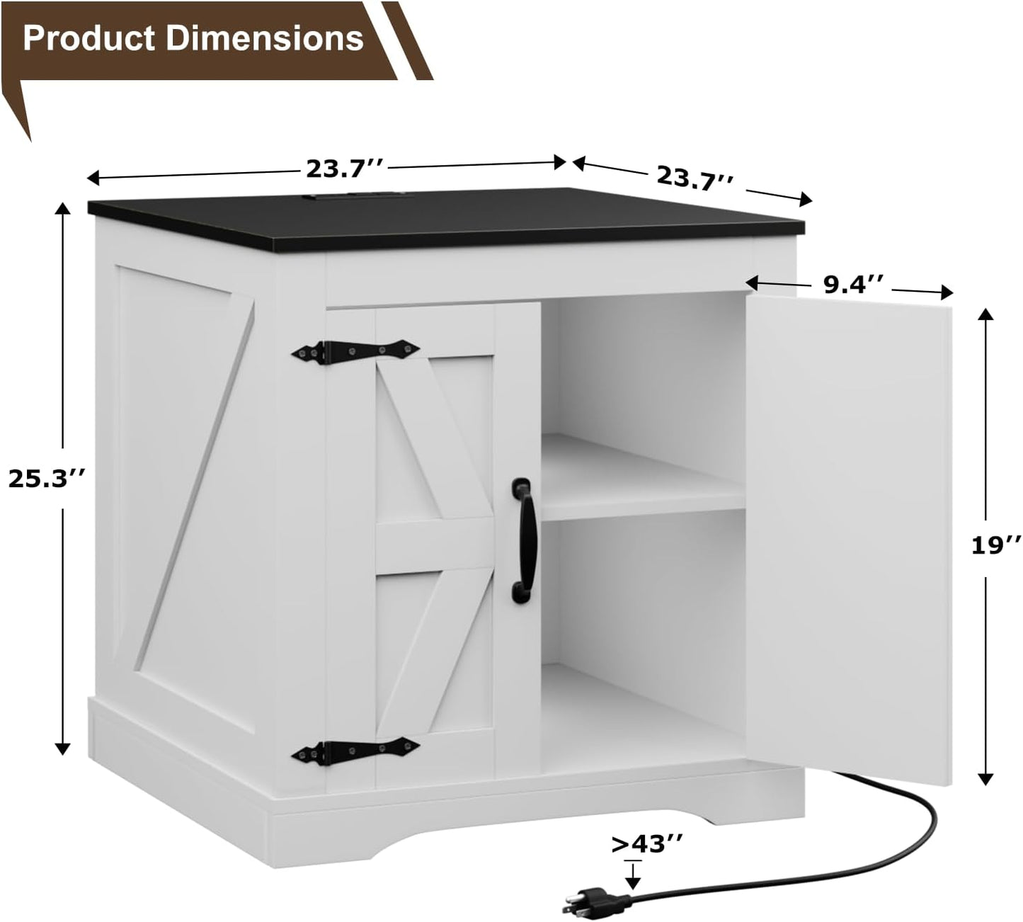 Farmhouse End Table, Sofa Side Table with Charging Station, 24" Large Wood Square Nightstand with Doors, Modern Storage Cabinet for Living Room, Bedroom, Entryway (White)