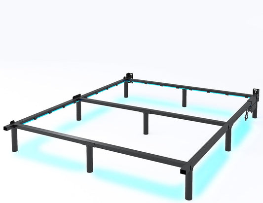 Queen Bed Frame for Box Spring, 7 Inch Metal Bed Frame with LED Lights, 9-Legs Support Bed Base, Tool-Free Easy Assembly